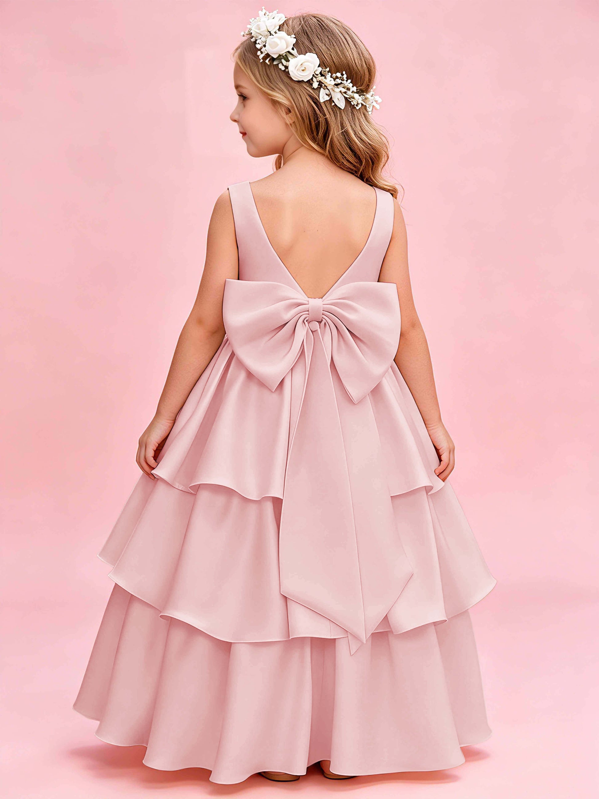 Tiered Flower Girl Dress with Bow Princess Girls Pageant Gowns