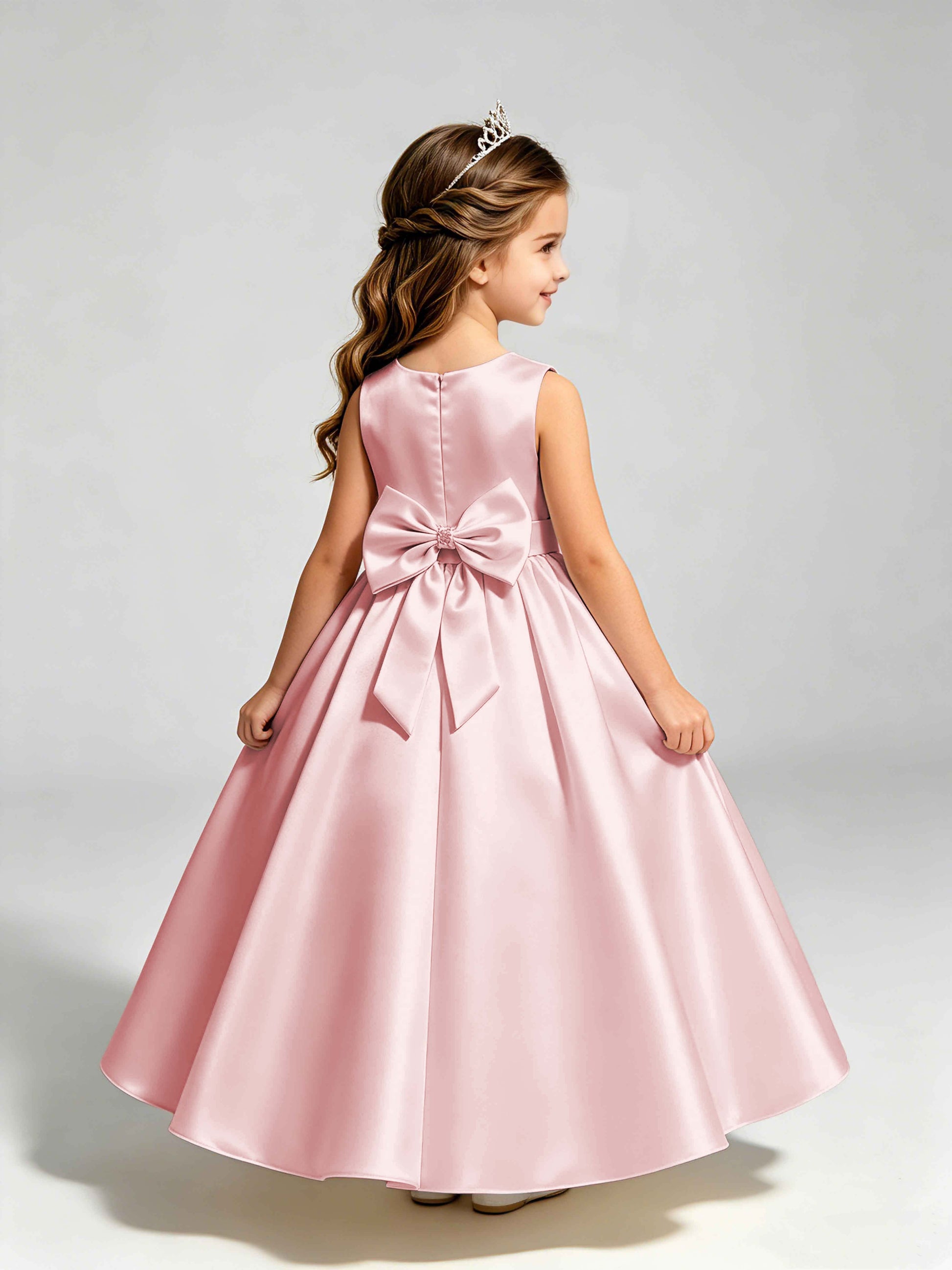 Satin Flower Girl Dress with Bow Princess Girls Pageant Gowns