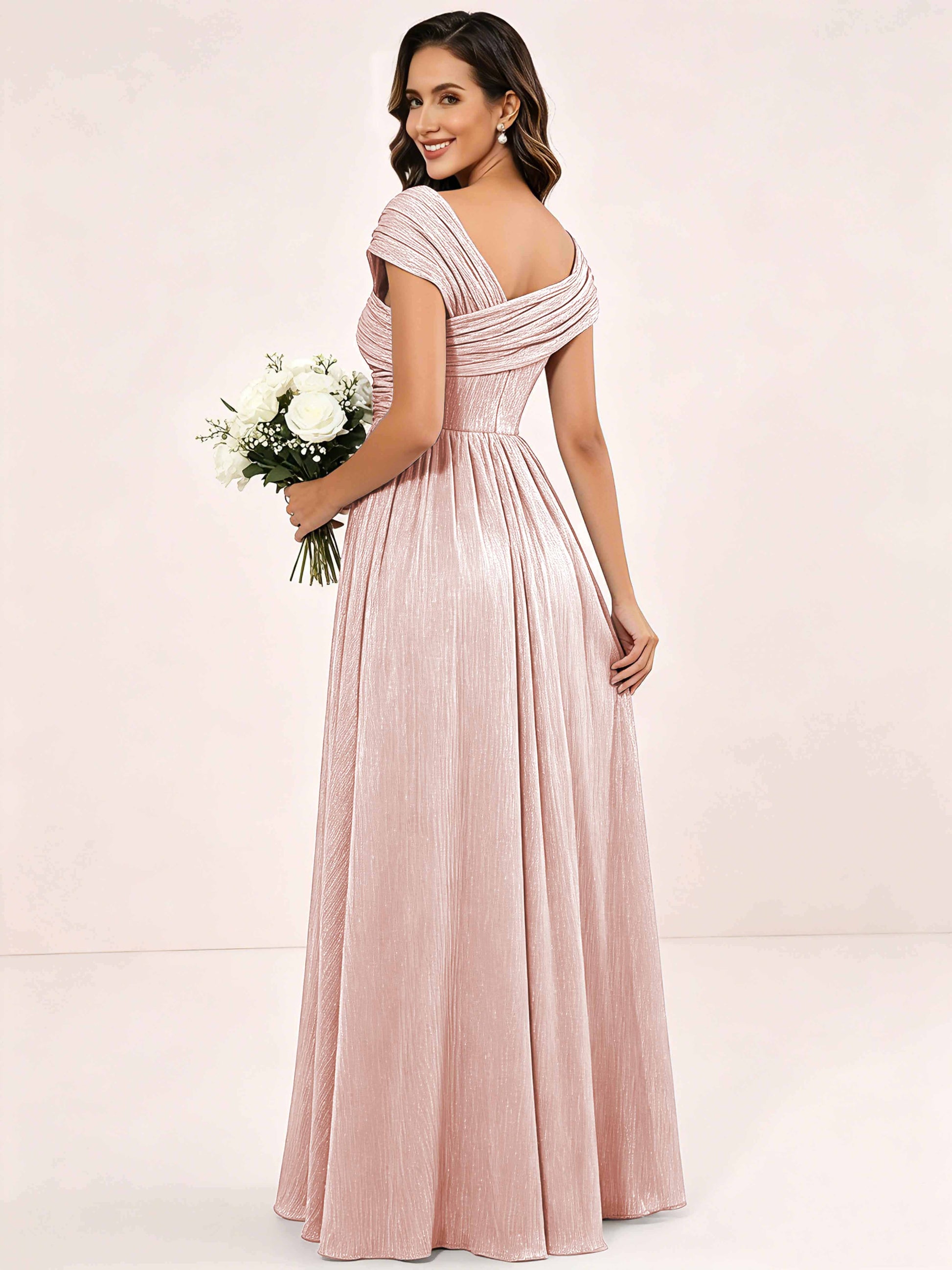 Shiny Striped Chiffon Ruched Cap Sleeve Mother of The Bride Dress