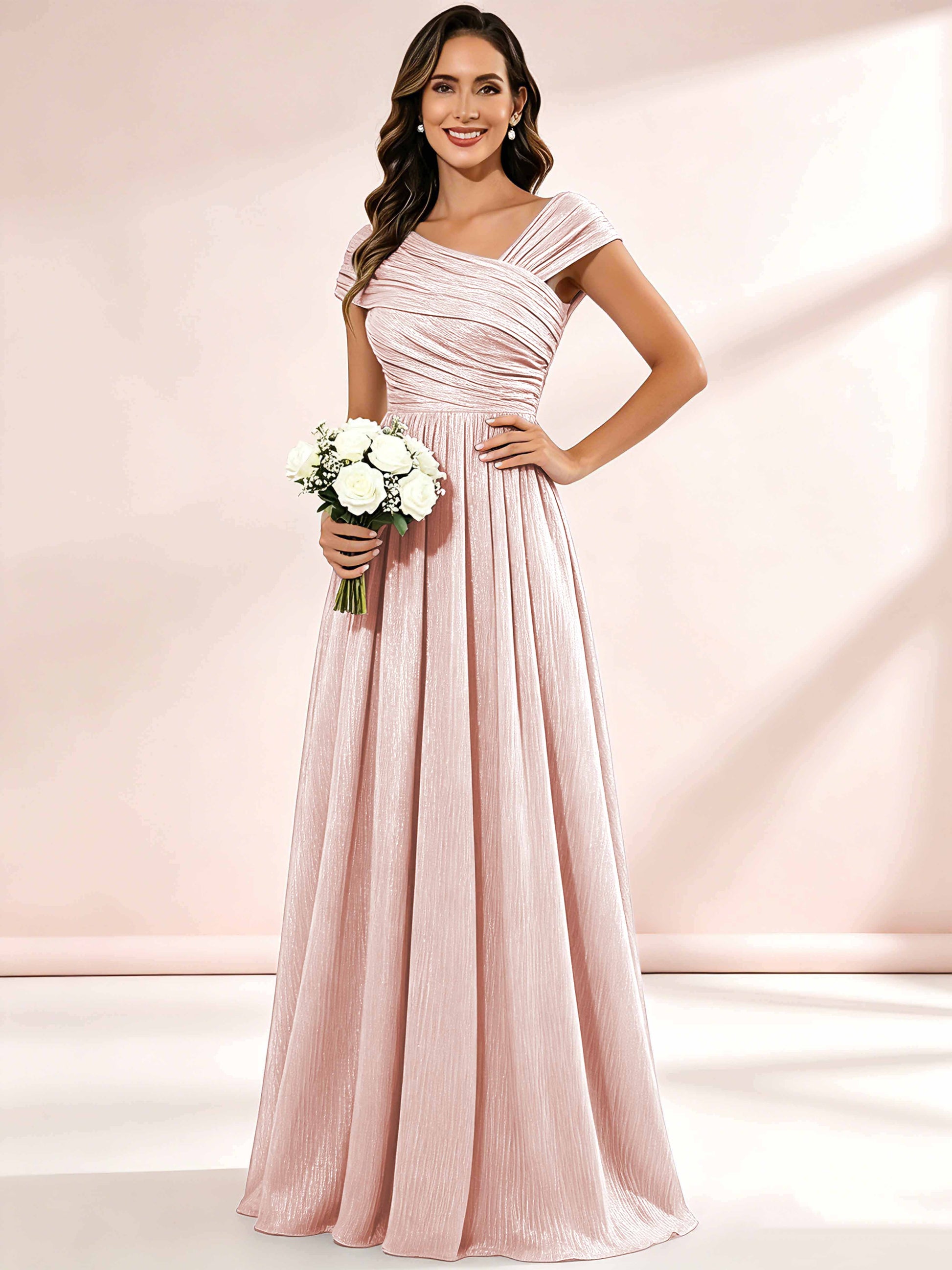 Shiny Striped Chiffon Ruched Cap Sleeve Mother of The Bride Dress