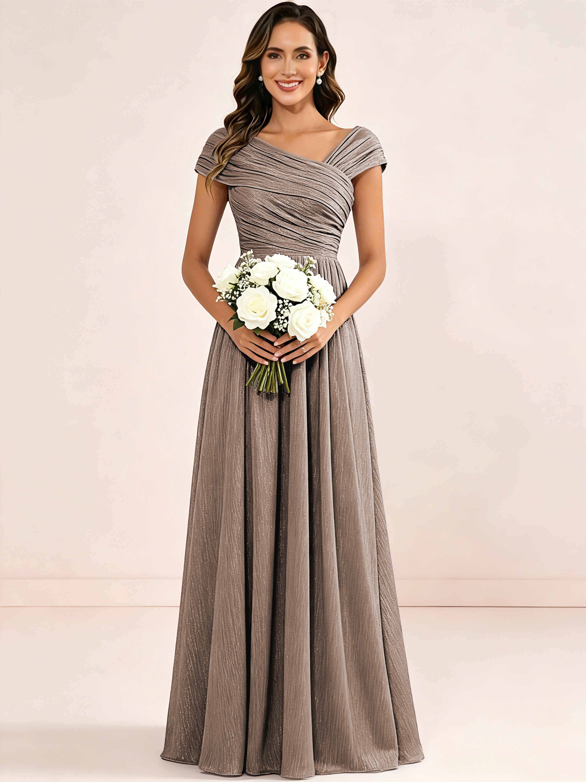 Shiny Striped Chiffon Ruched Cap Sleeve Mother of The Bride Dress