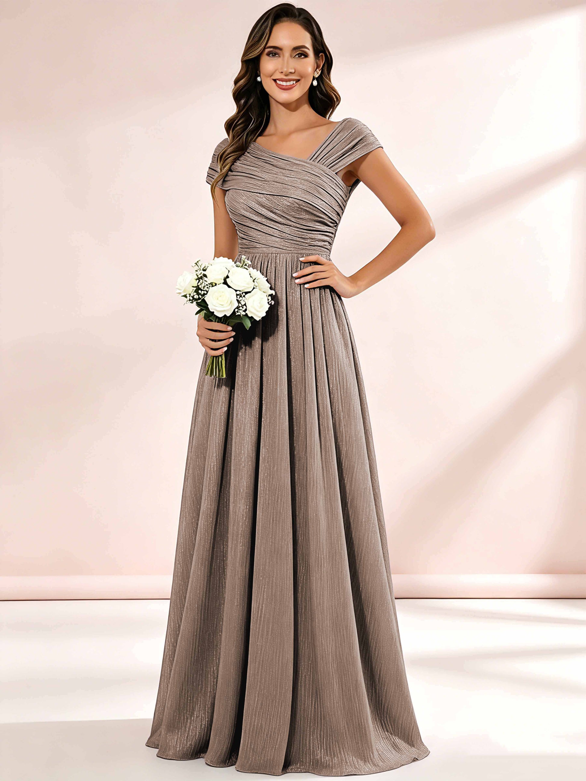 Shiny Striped Chiffon Ruched Cap Sleeve Mother of The Bride Dress