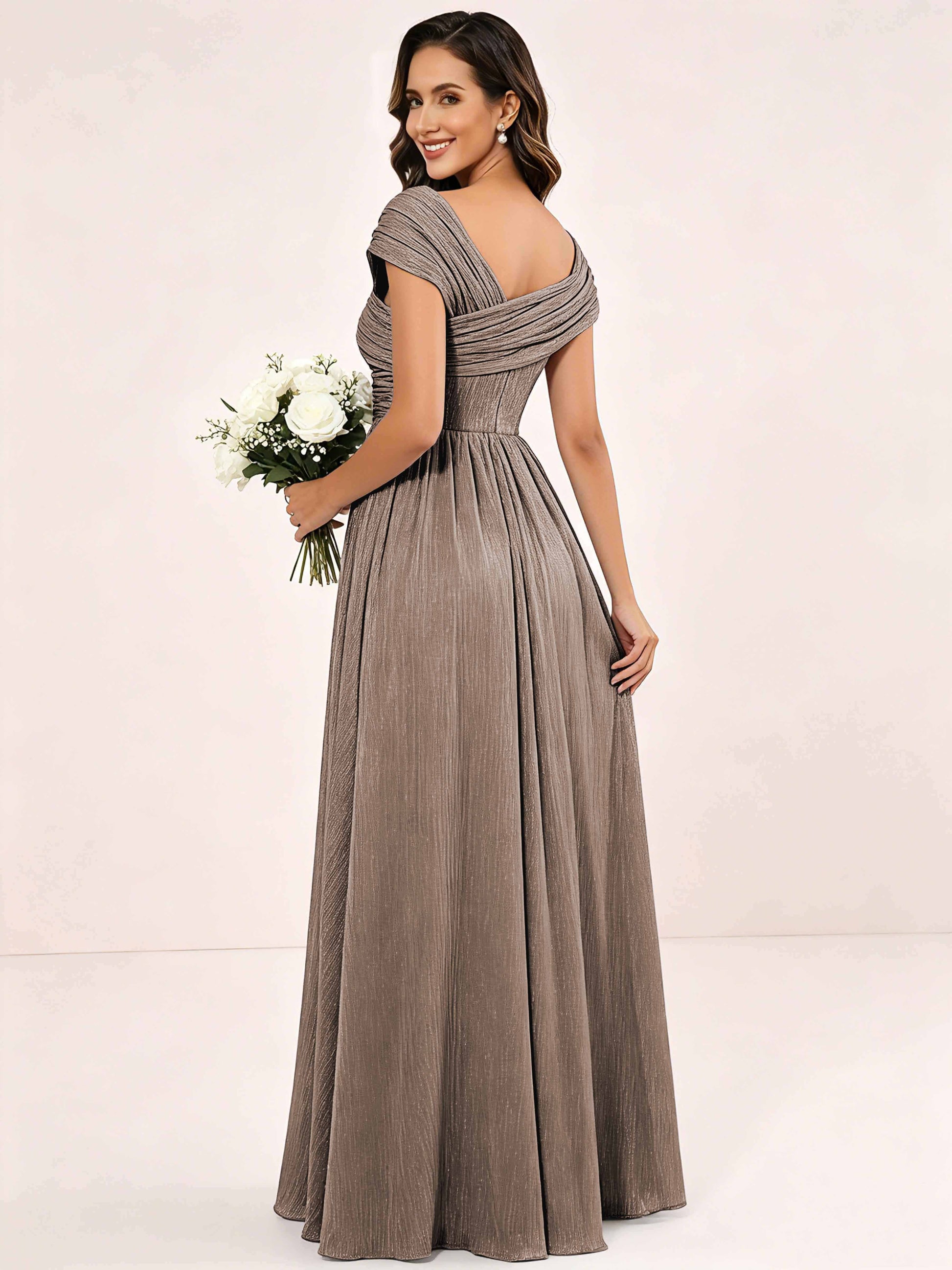 Shiny Striped Chiffon Ruched Cap Sleeve Mother of The Bride Dress