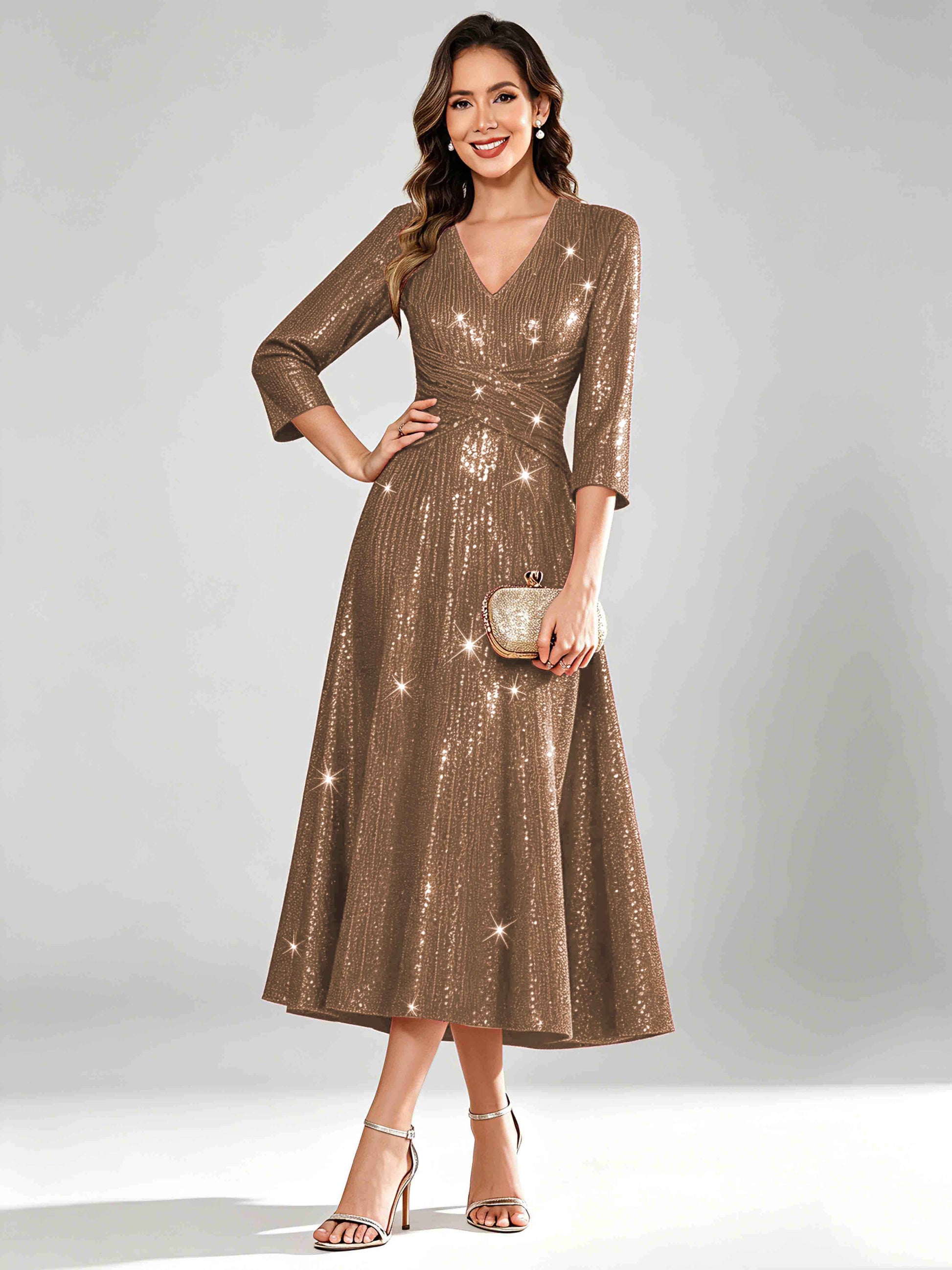 Sequin Sparkly 3/4 Sleeve Dressy Mother of The Bride Dresses