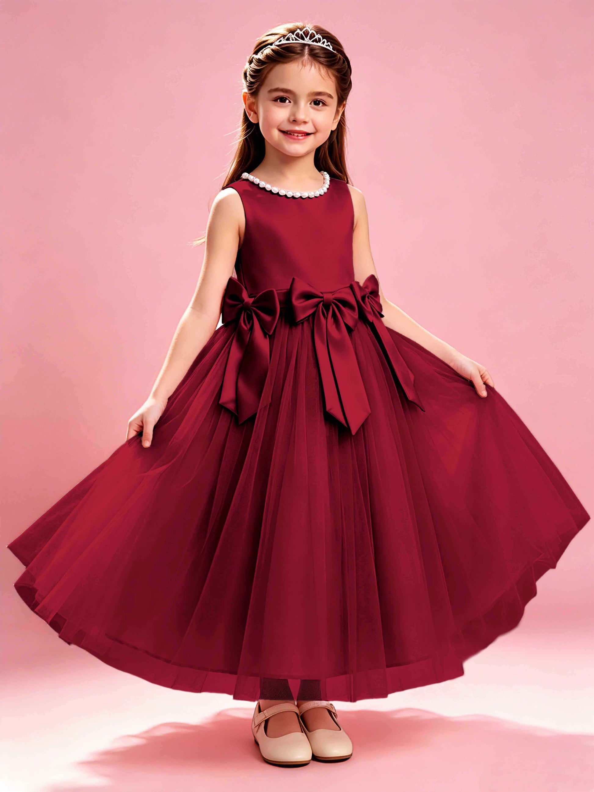 Satin Tulle Flower Girl Dress with Bow Princess Girls Pageant Gowns