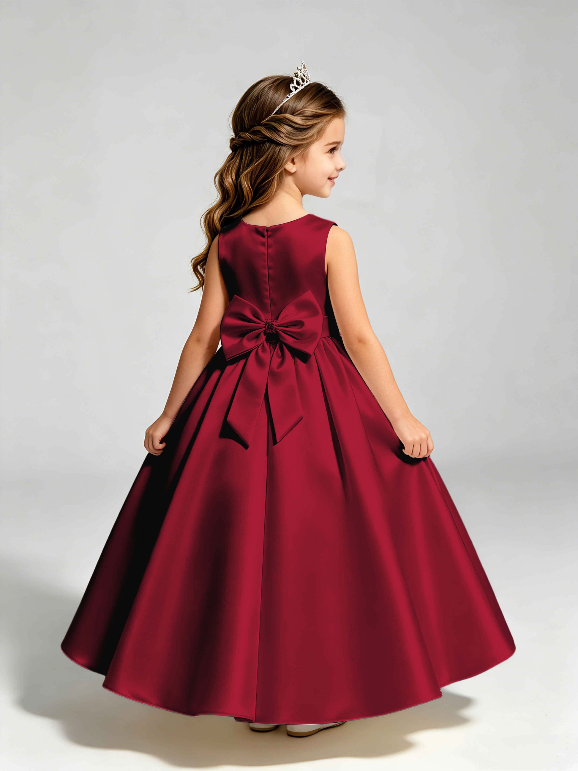 Satin Flower Girl Dress with Bow Princess Girls Pageant Gowns