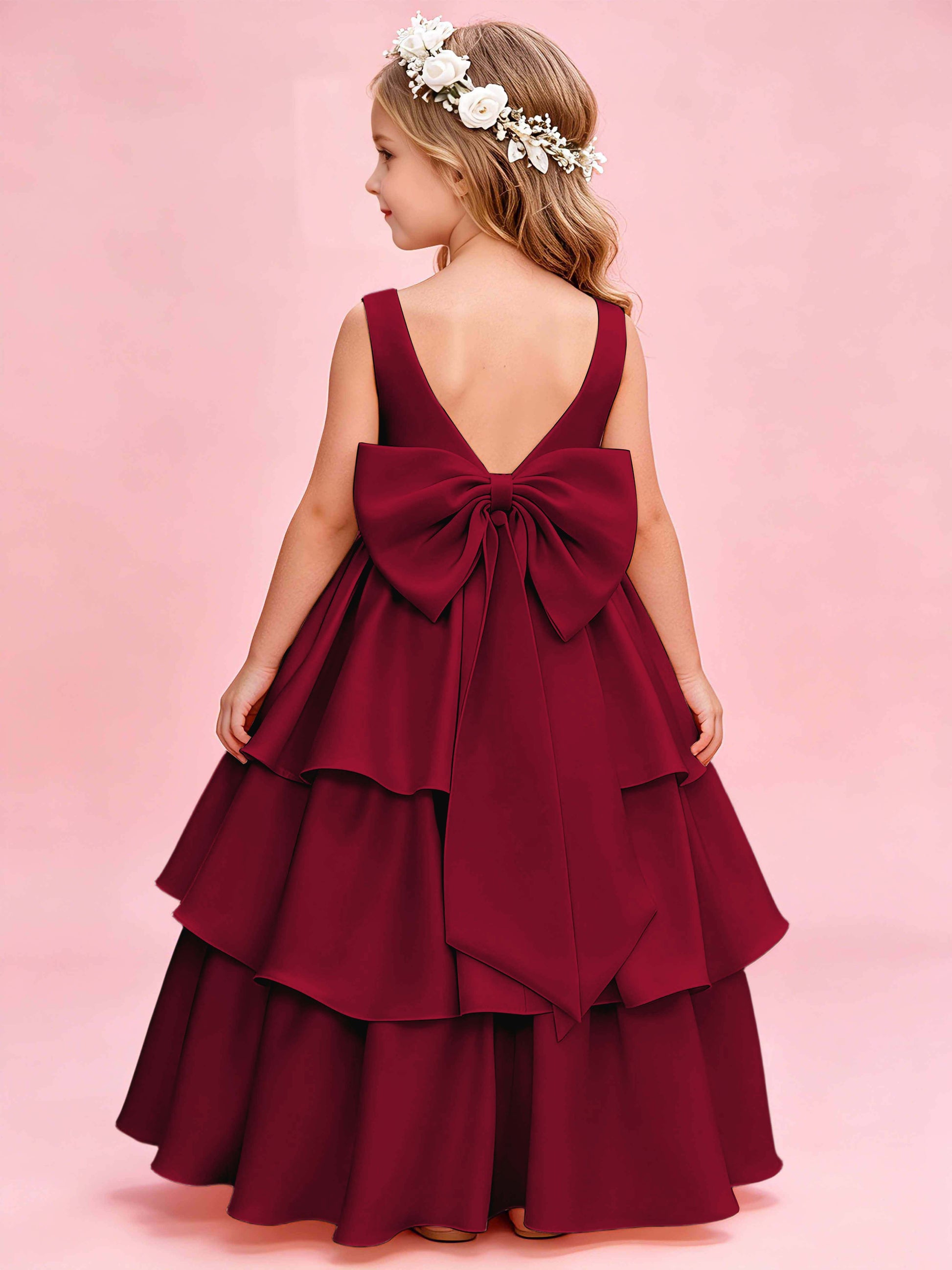 Tiered Flower Girl Dress with Bow Princess Girls Pageant Gowns