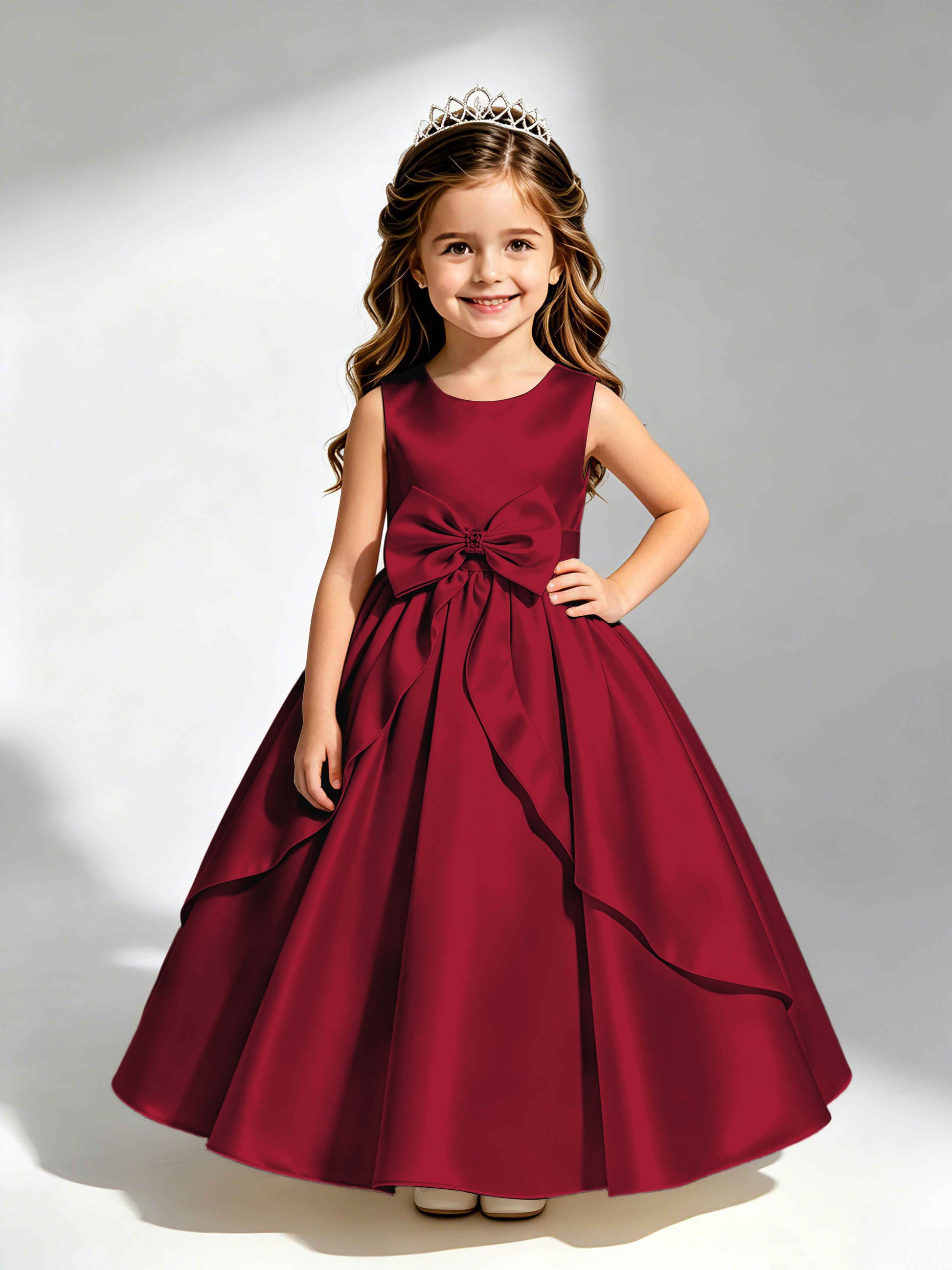 Satin Flower Girl Dress with Bow Princess Girls Pageant Gowns