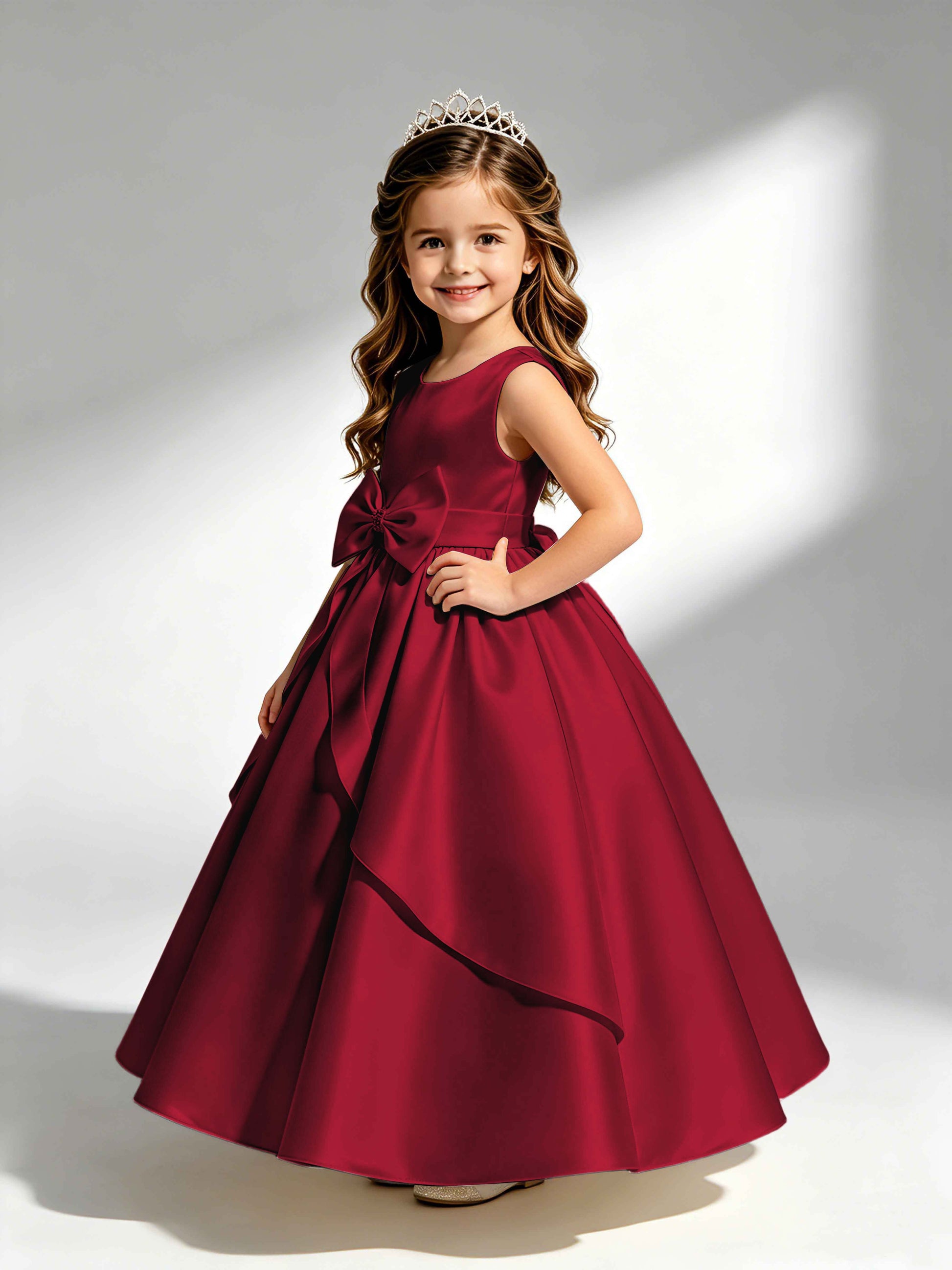Satin Flower Girl Dress with Bow Princess Girls Pageant Gowns