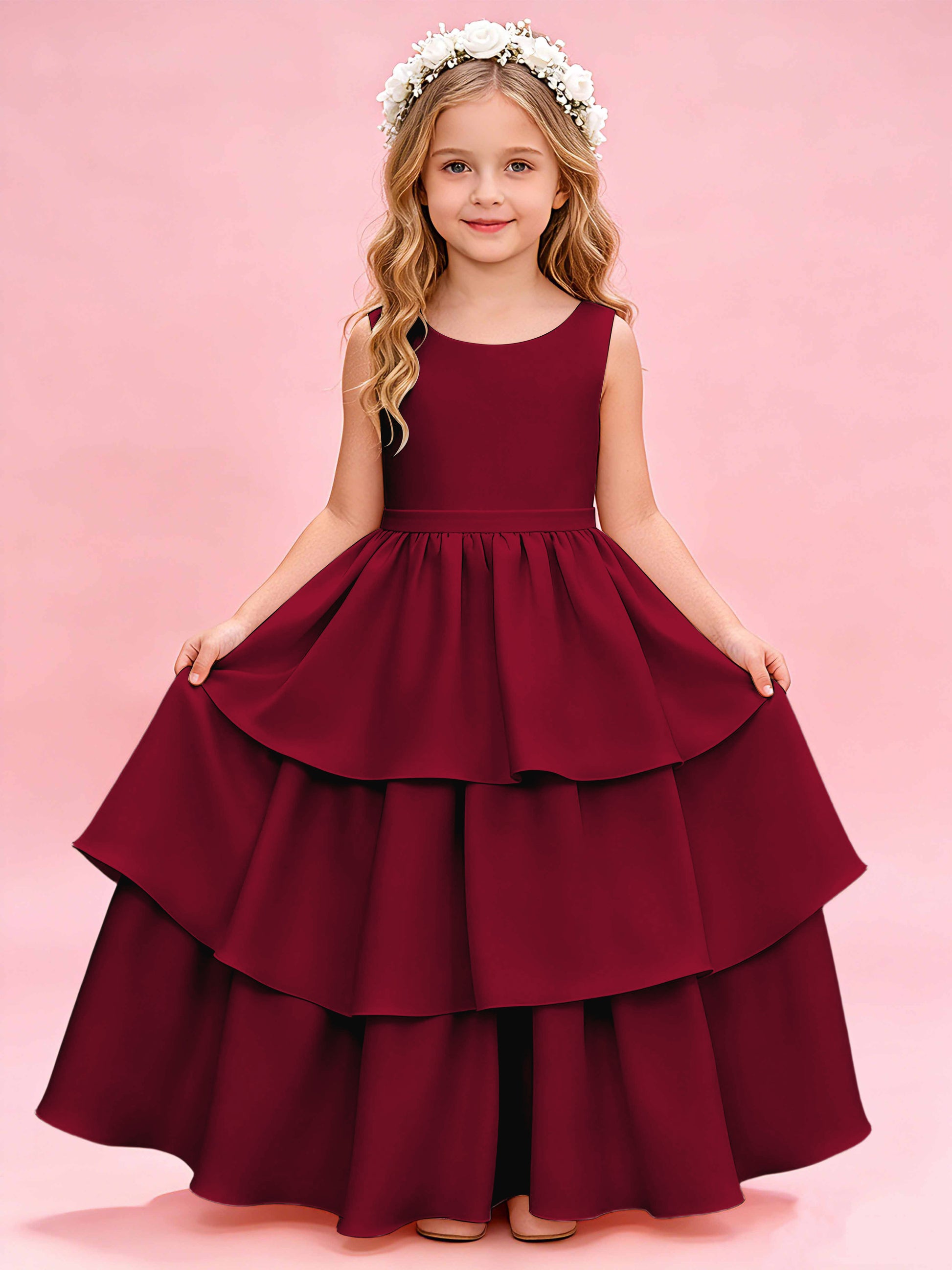 Tiered Flower Girl Dress with Bow Princess Girls Pageant Gowns
