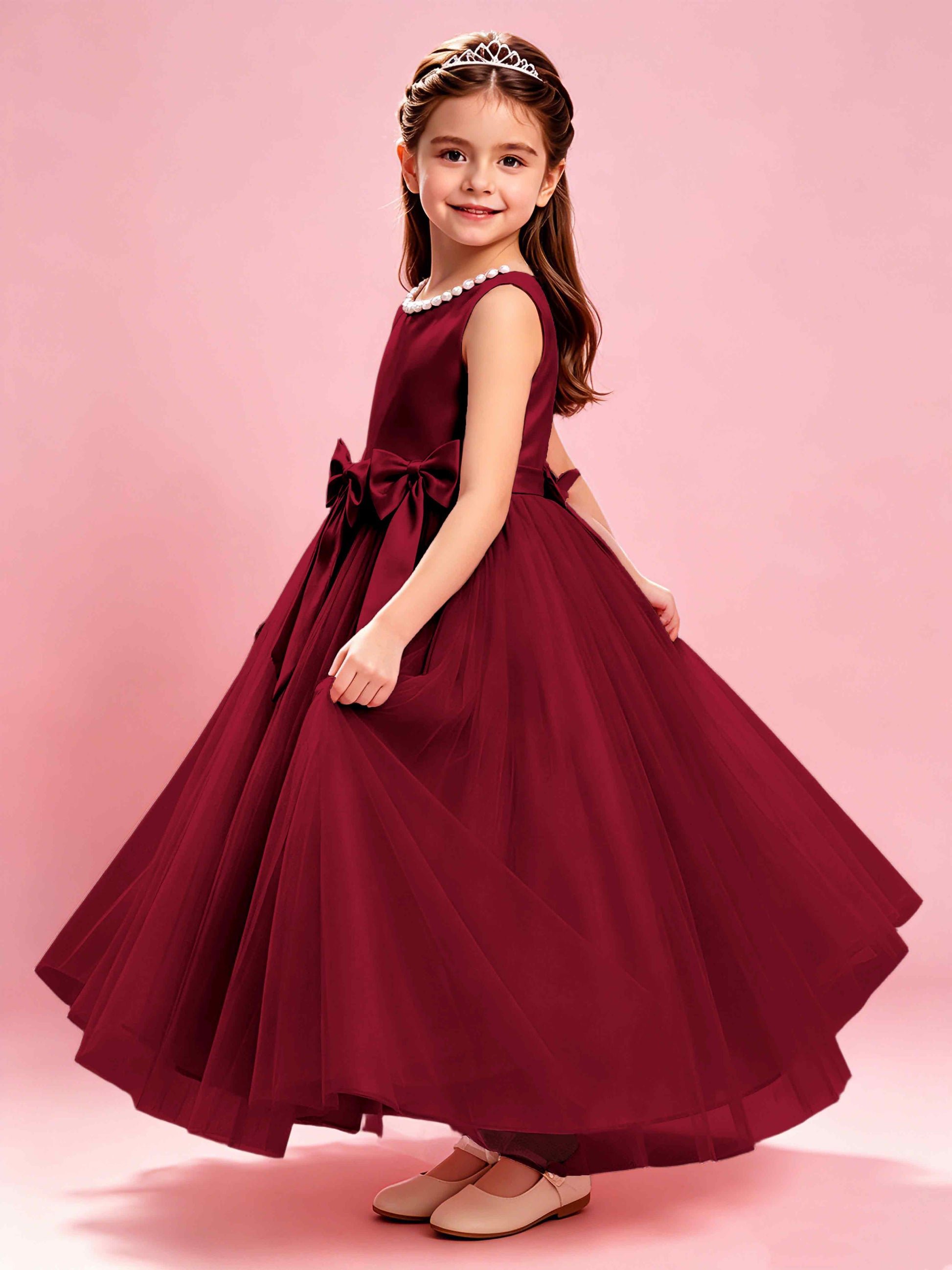 Satin Tulle Flower Girl Dress with Bow Princess Girls Pageant Gowns