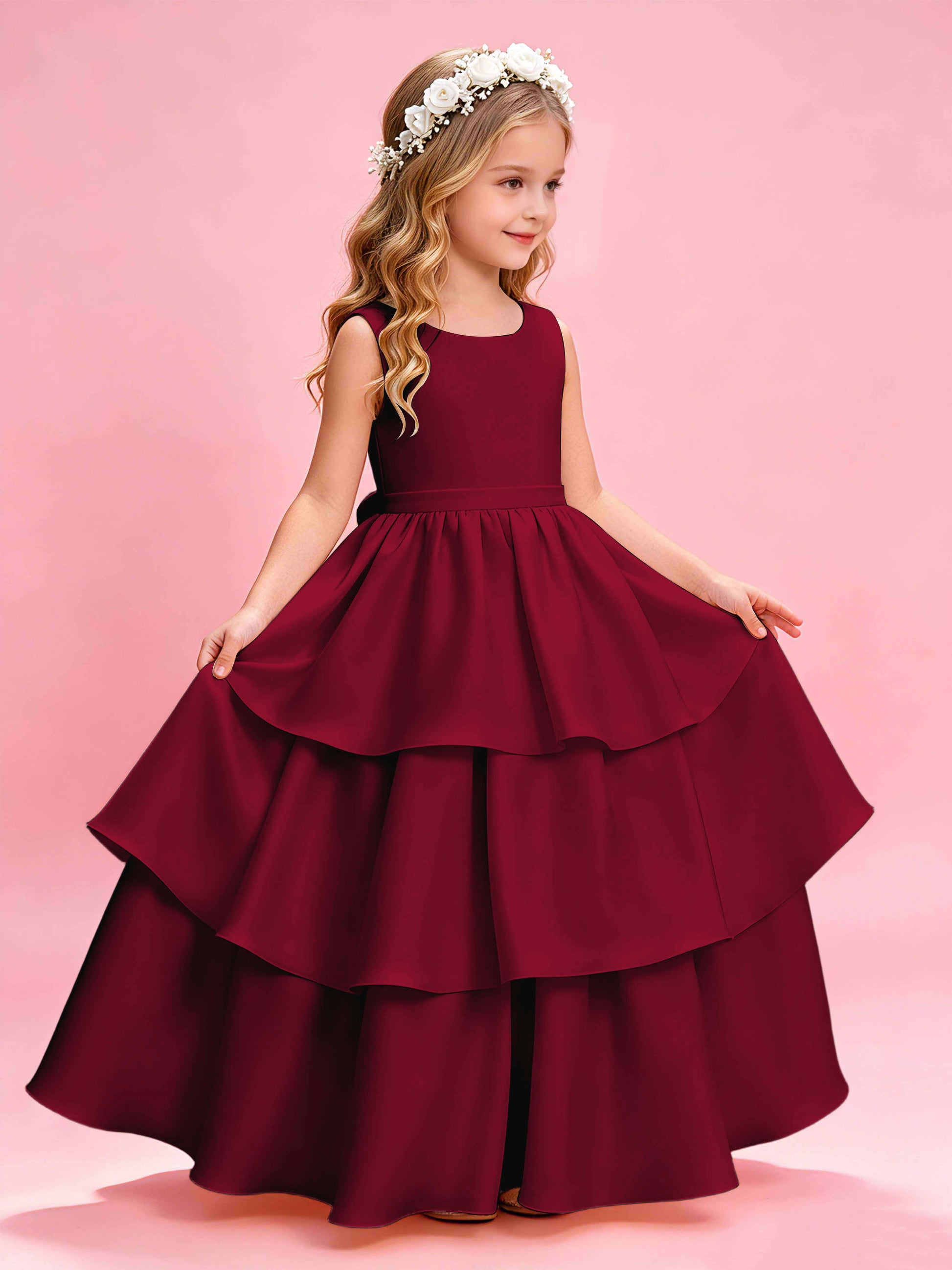 Tiered Flower Girl Dress with Bow Princess Girls Pageant Gowns