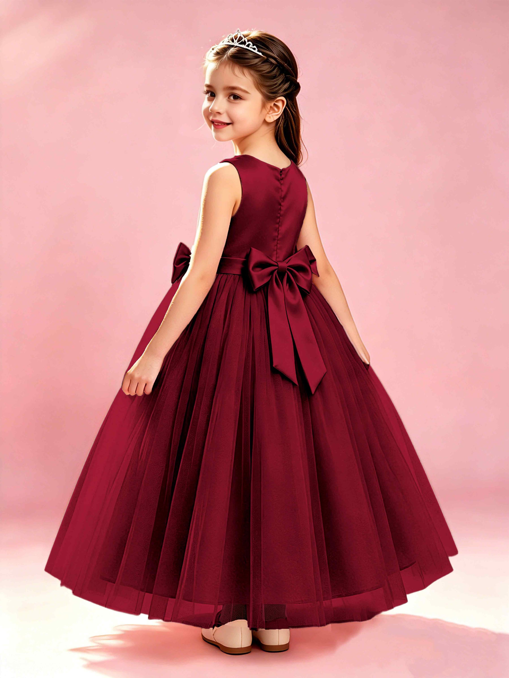 Satin Tulle Flower Girl Dress with Bow Princess Girls Pageant Gowns