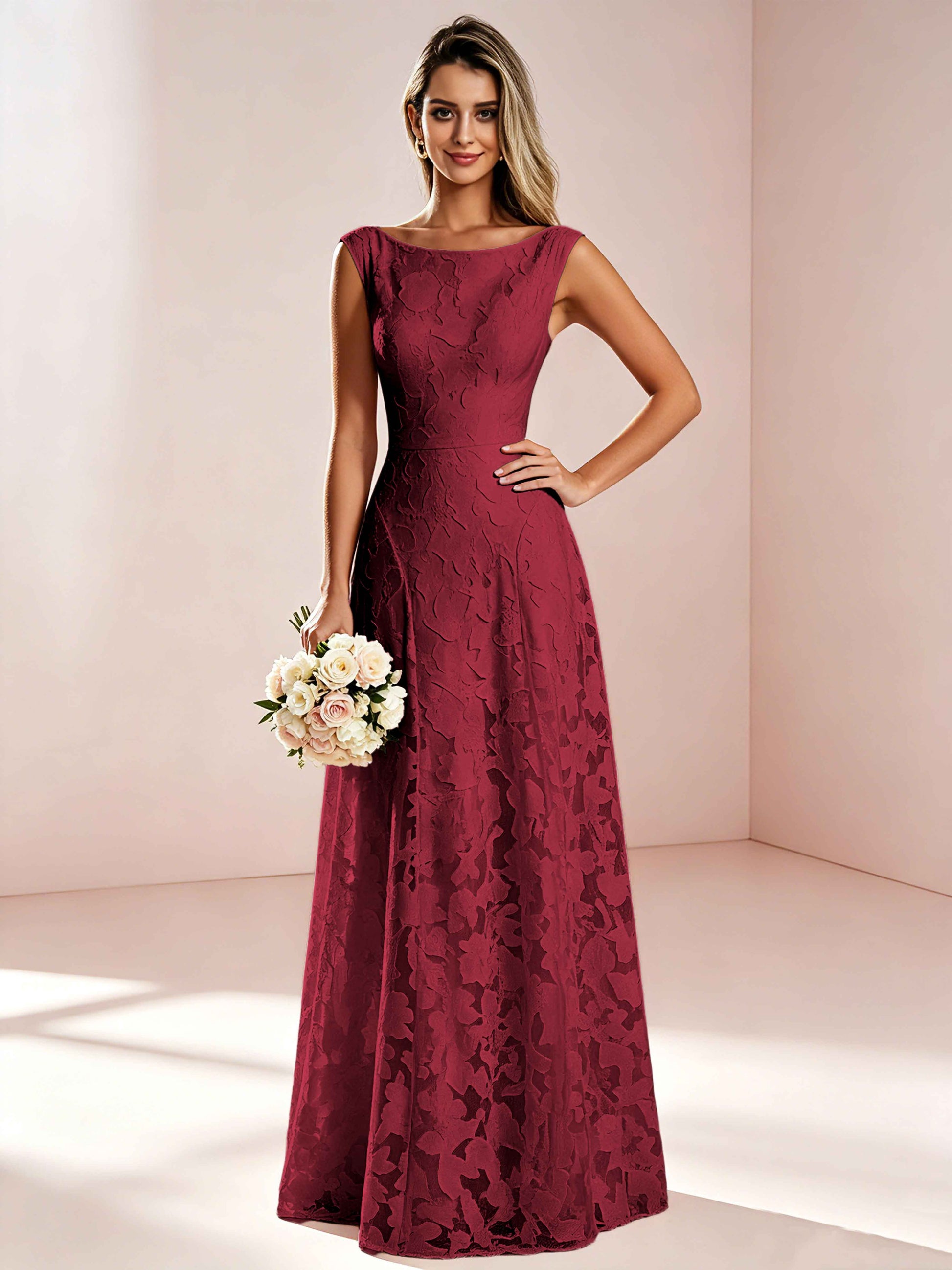 Boat Neck Jacquard Chiffon Floor Length Bridesmaid Dresses