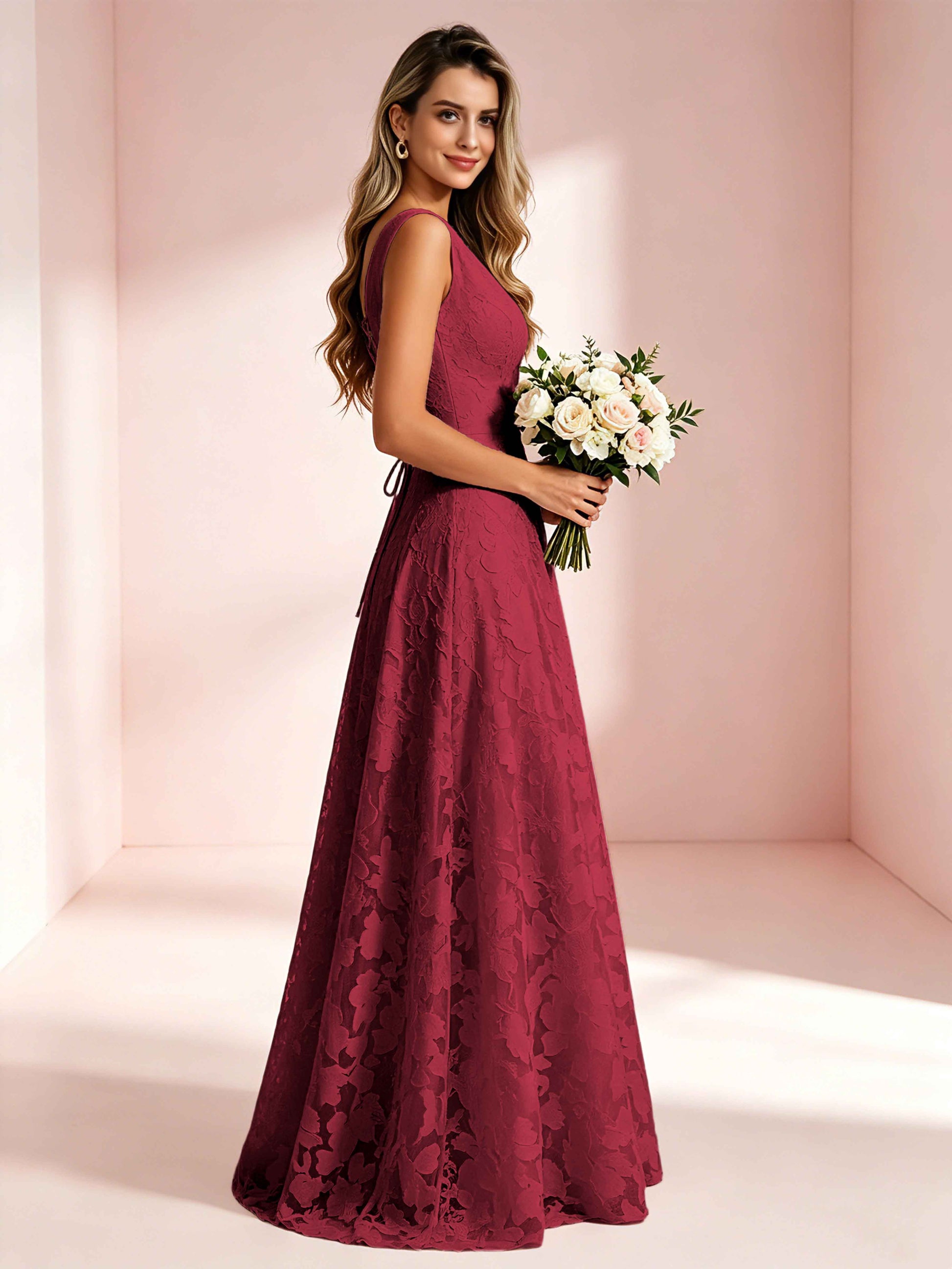 Boat Neck Jacquard Chiffon Floor Length Bridesmaid Dresses