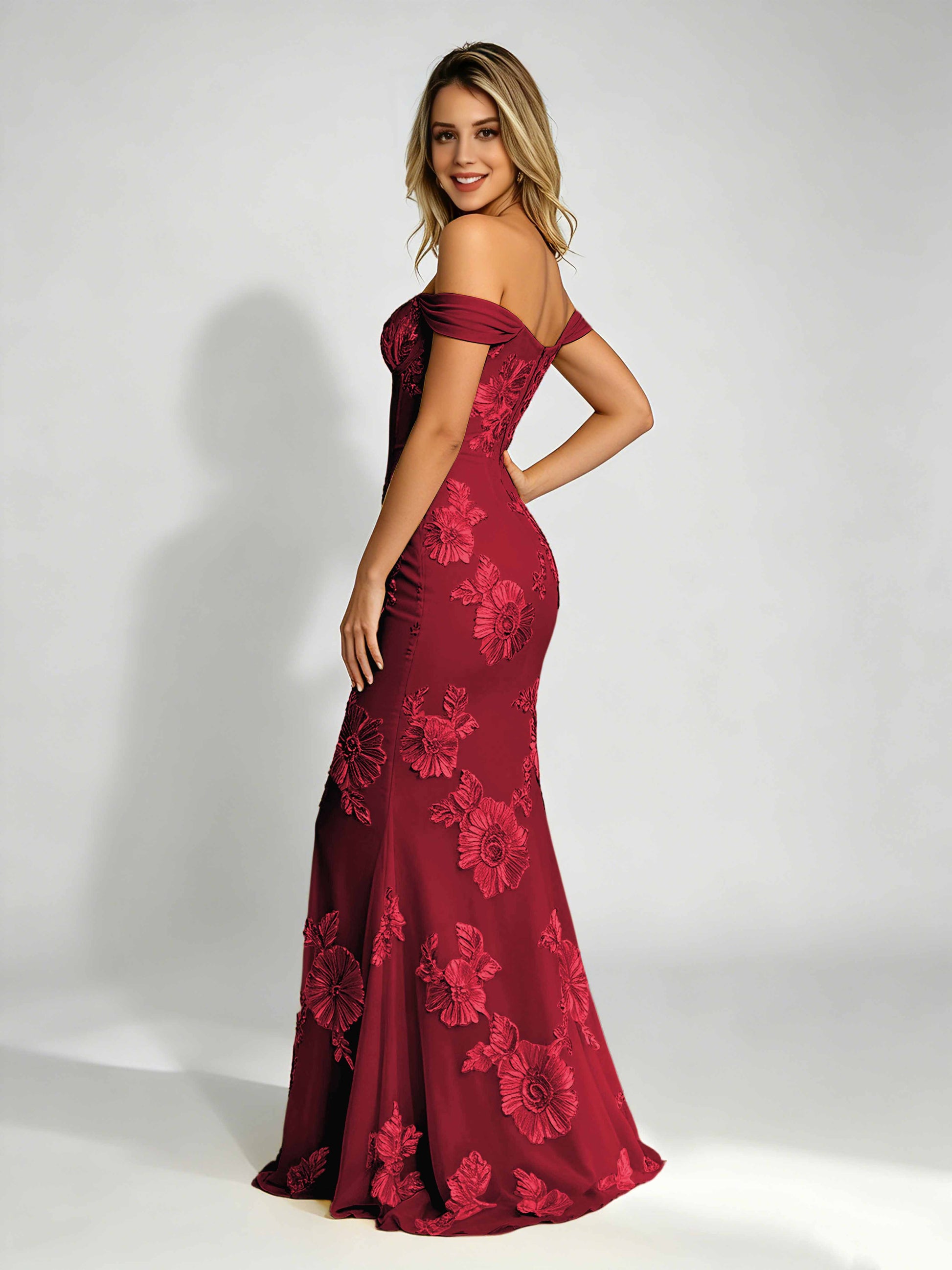 Embroidery Mesh Prom Dress for Teen Off Shoulder Formal Party Gown