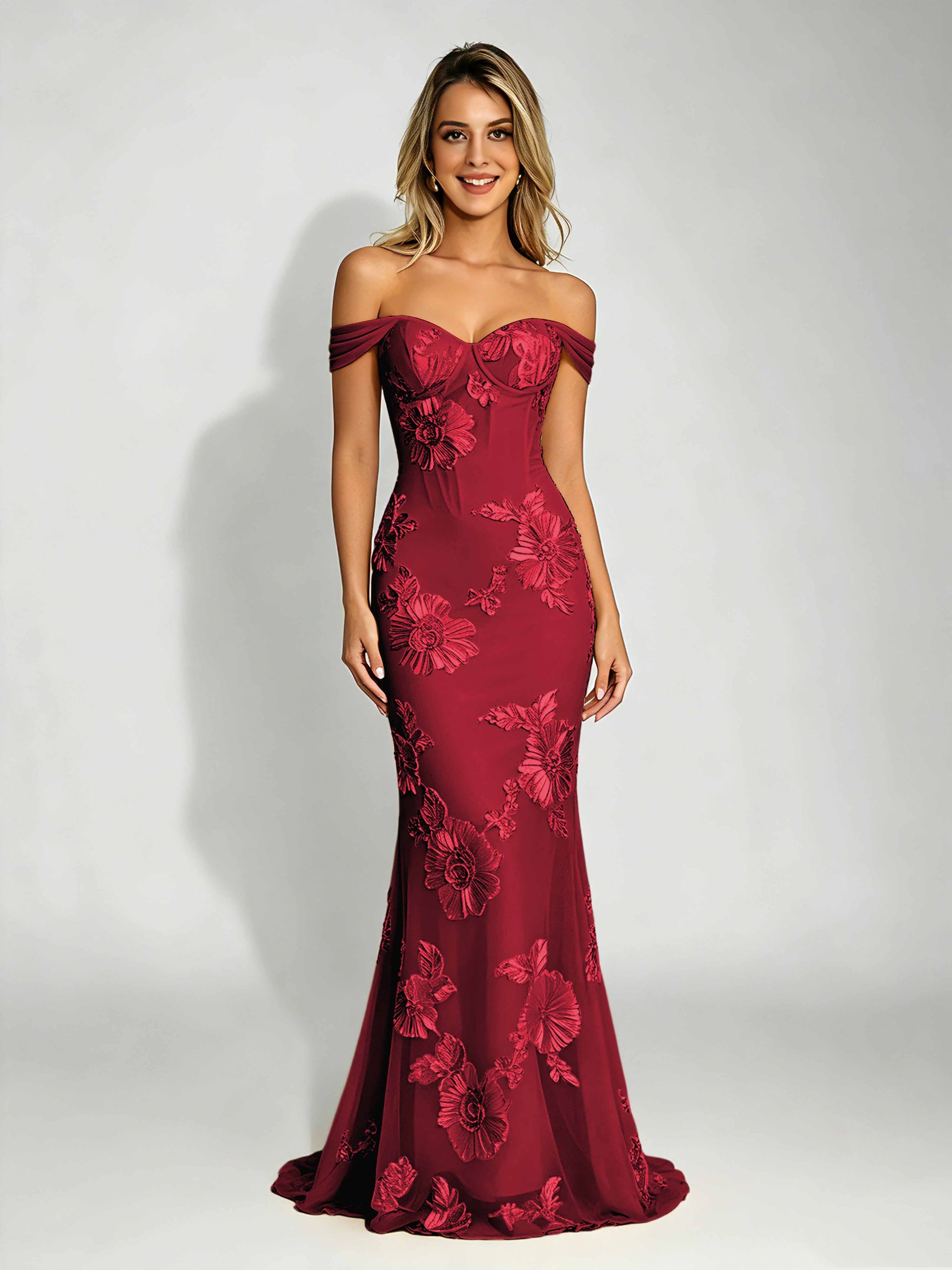 Embroidery Mesh Prom Dress for Teen Off Shoulder Formal Party Gown