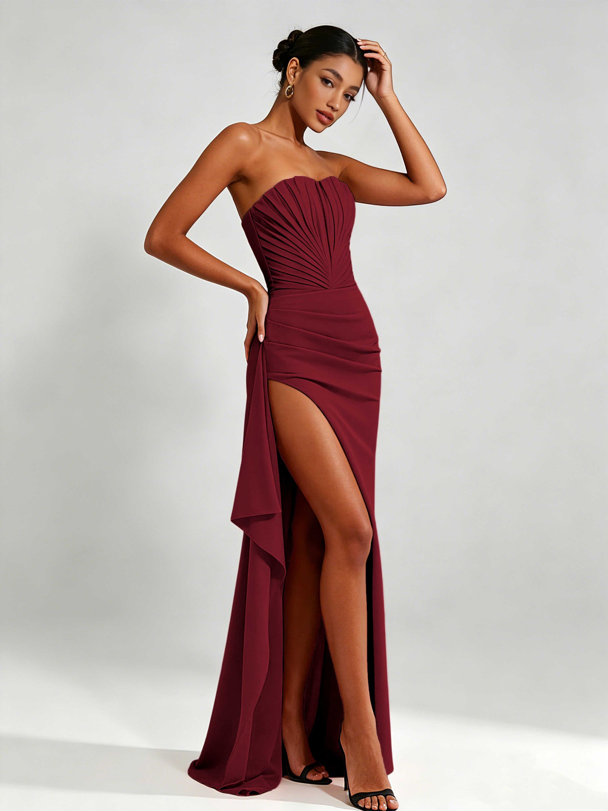 Strapless Ruched Bust Prom Dresses with Ruffle Slit