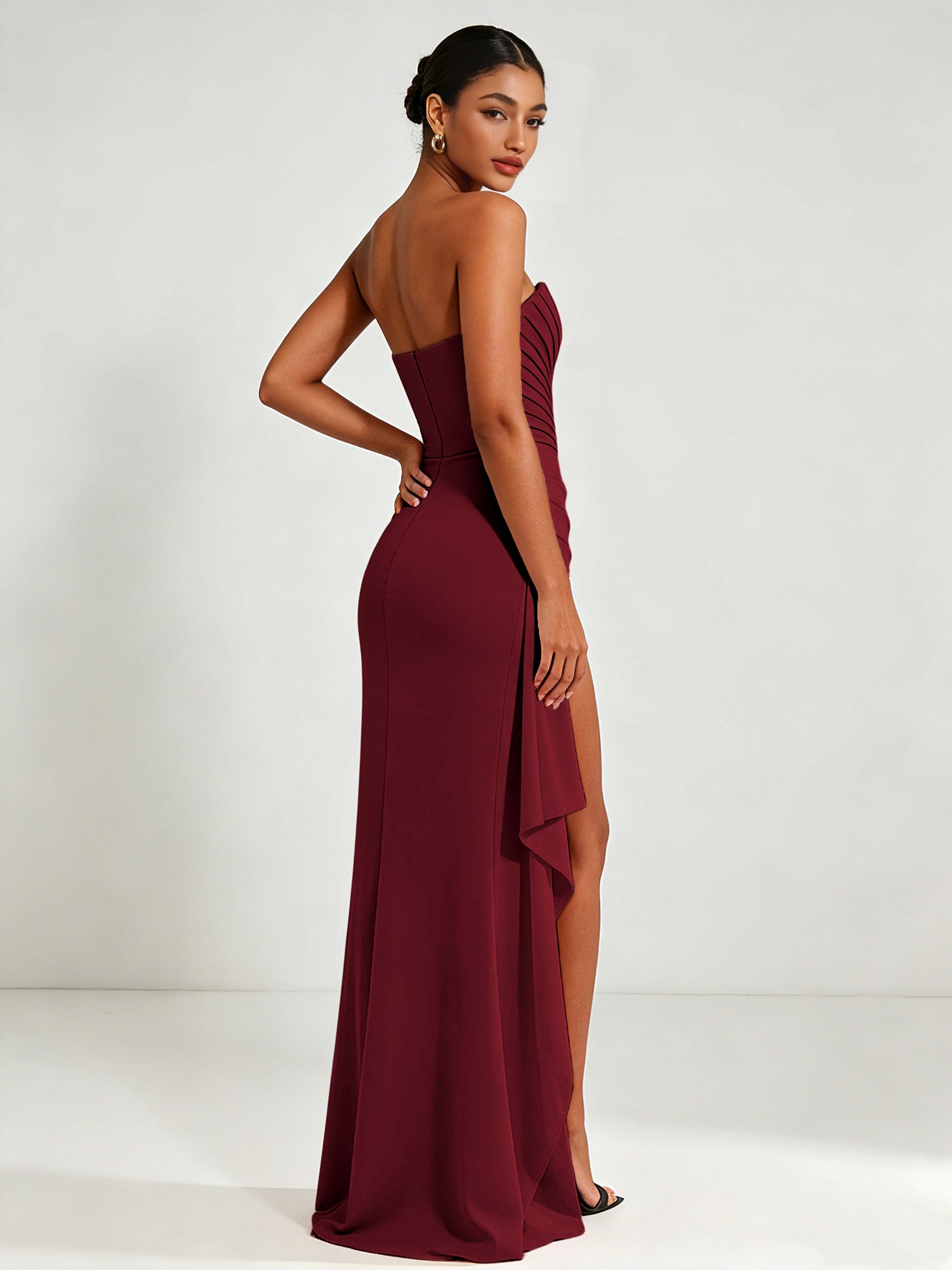 Strapless Ruched Bust Prom Dresses with Ruffle Slit