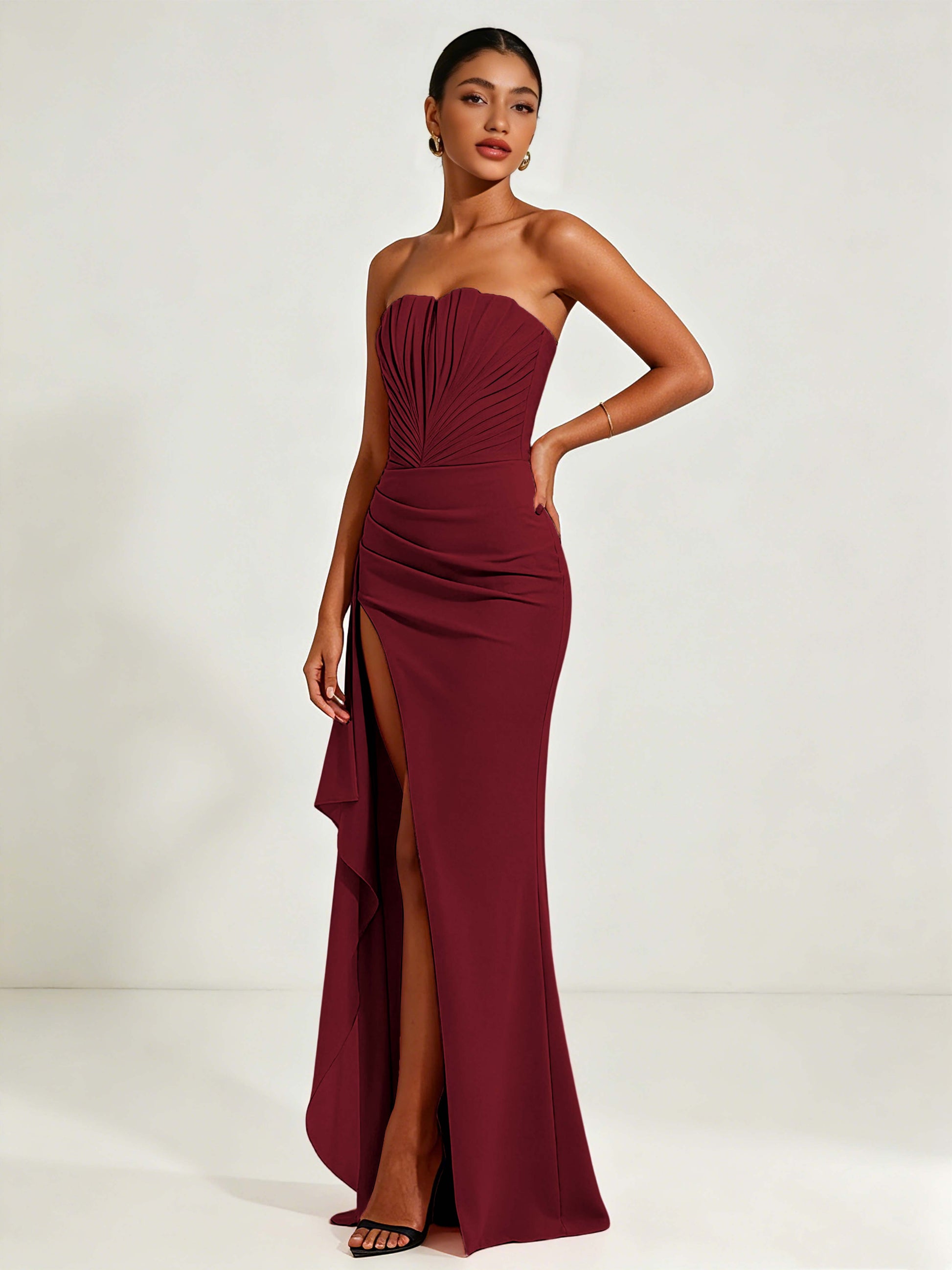 Strapless Ruched Bust Prom Dresses with Ruffle Slit