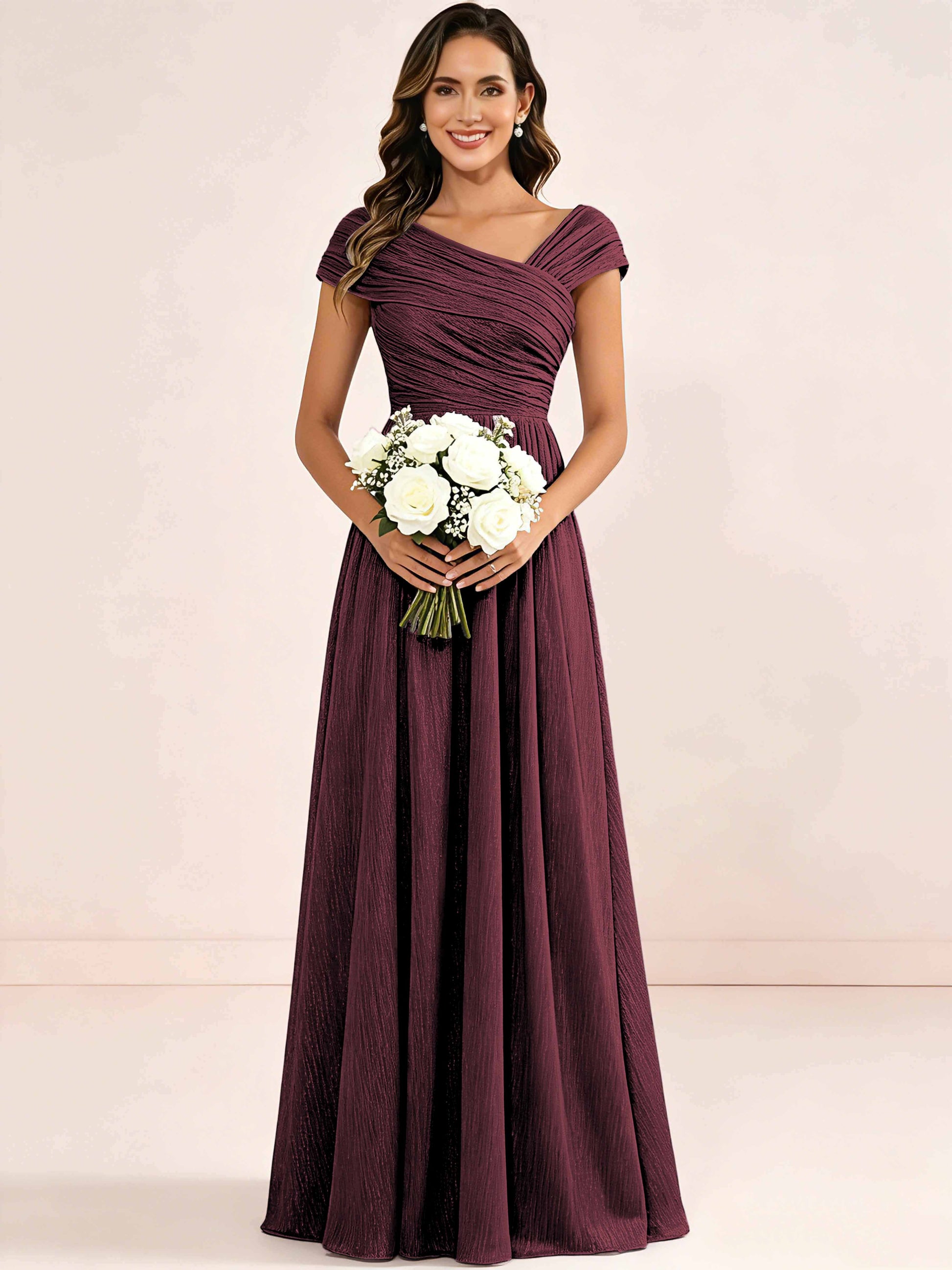 Shiny Striped Chiffon Ruched Cap Sleeve Mother of The Bride Dress