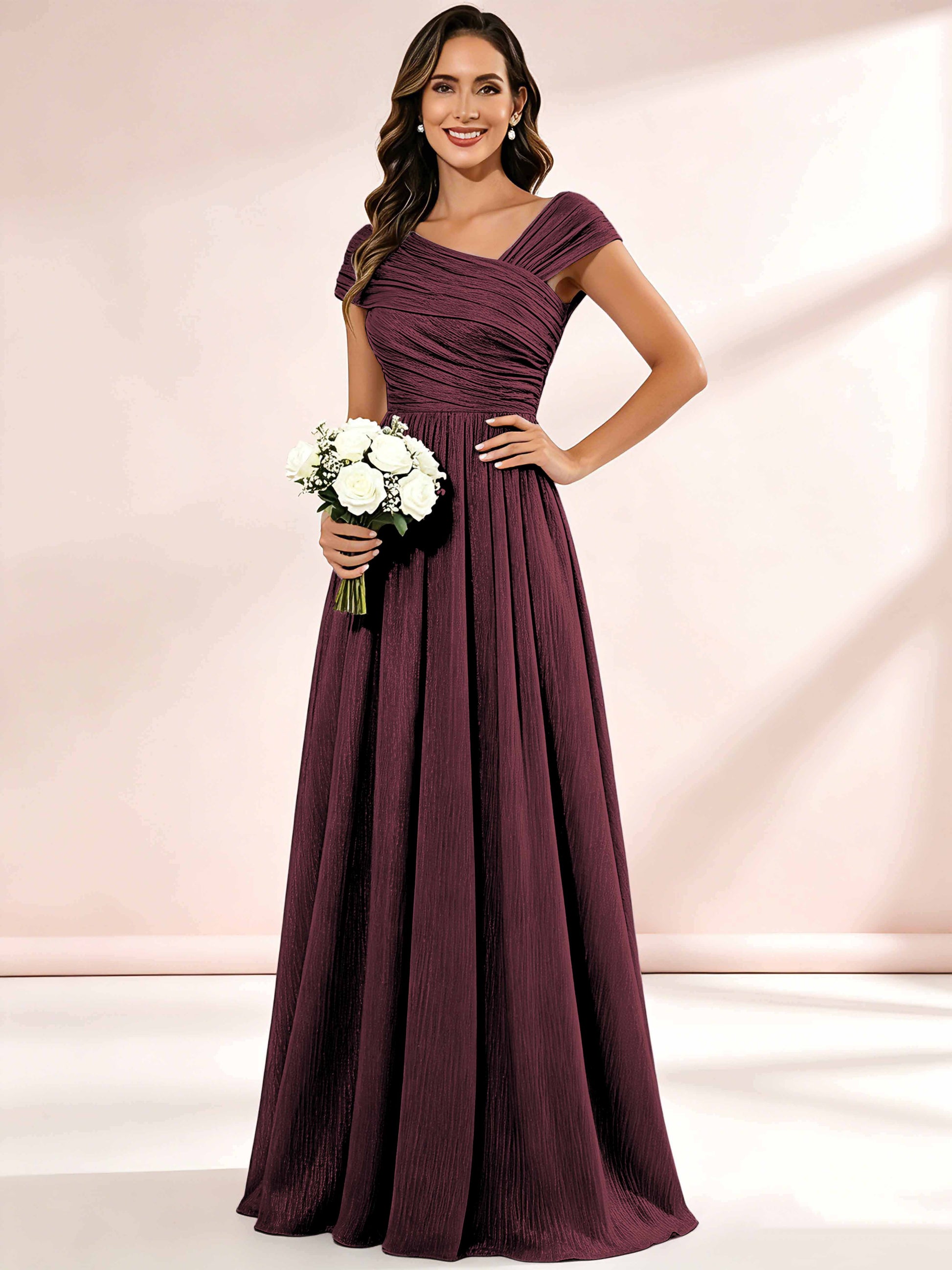Shiny Striped Chiffon Ruched Cap Sleeve Mother of The Bride Dress