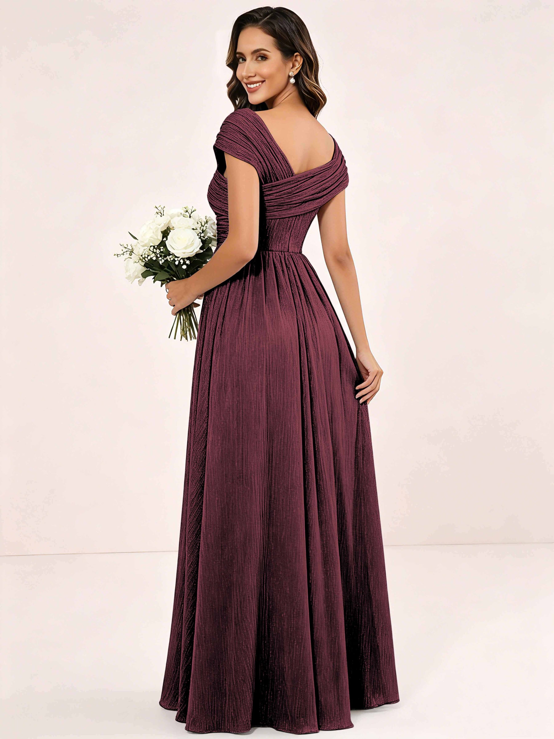 Shiny Striped Chiffon Ruched Cap Sleeve Mother of The Bride Dress
