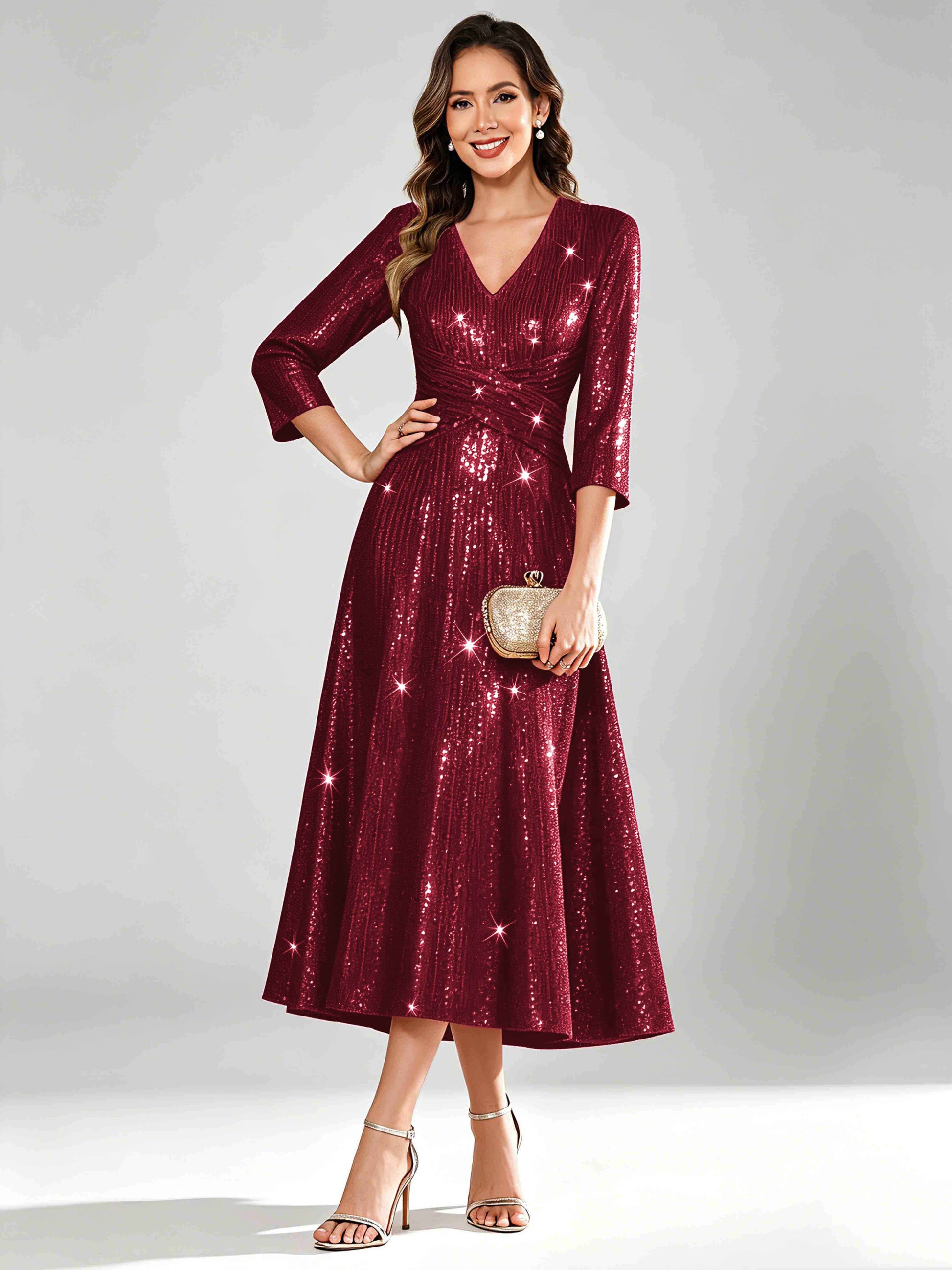 Sequin Sparkly 3/4 Sleeve Dressy Mother of The Bride Dresses