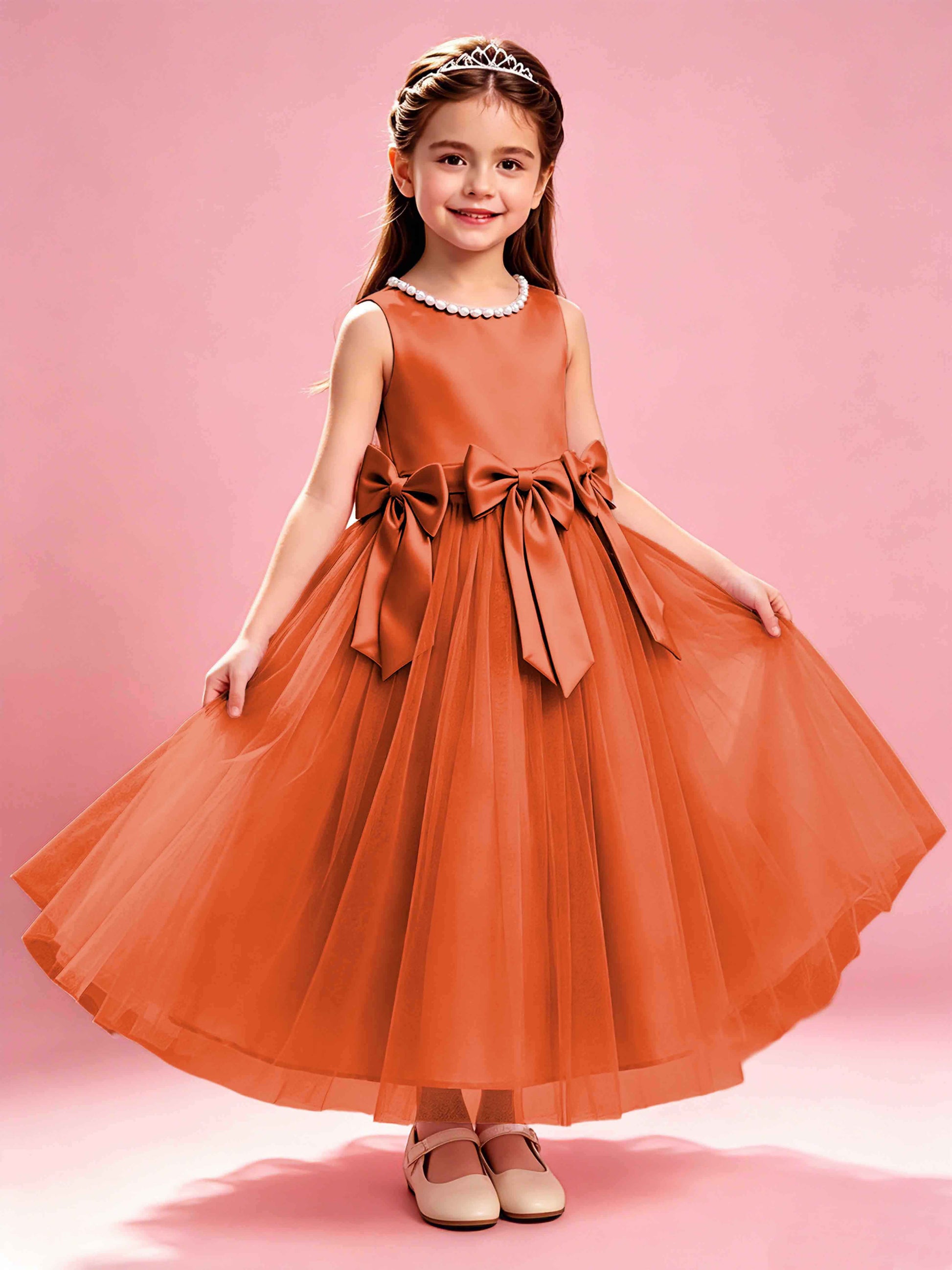 Satin Tulle Flower Girl Dress with Bow Princess Girls Pageant Gowns