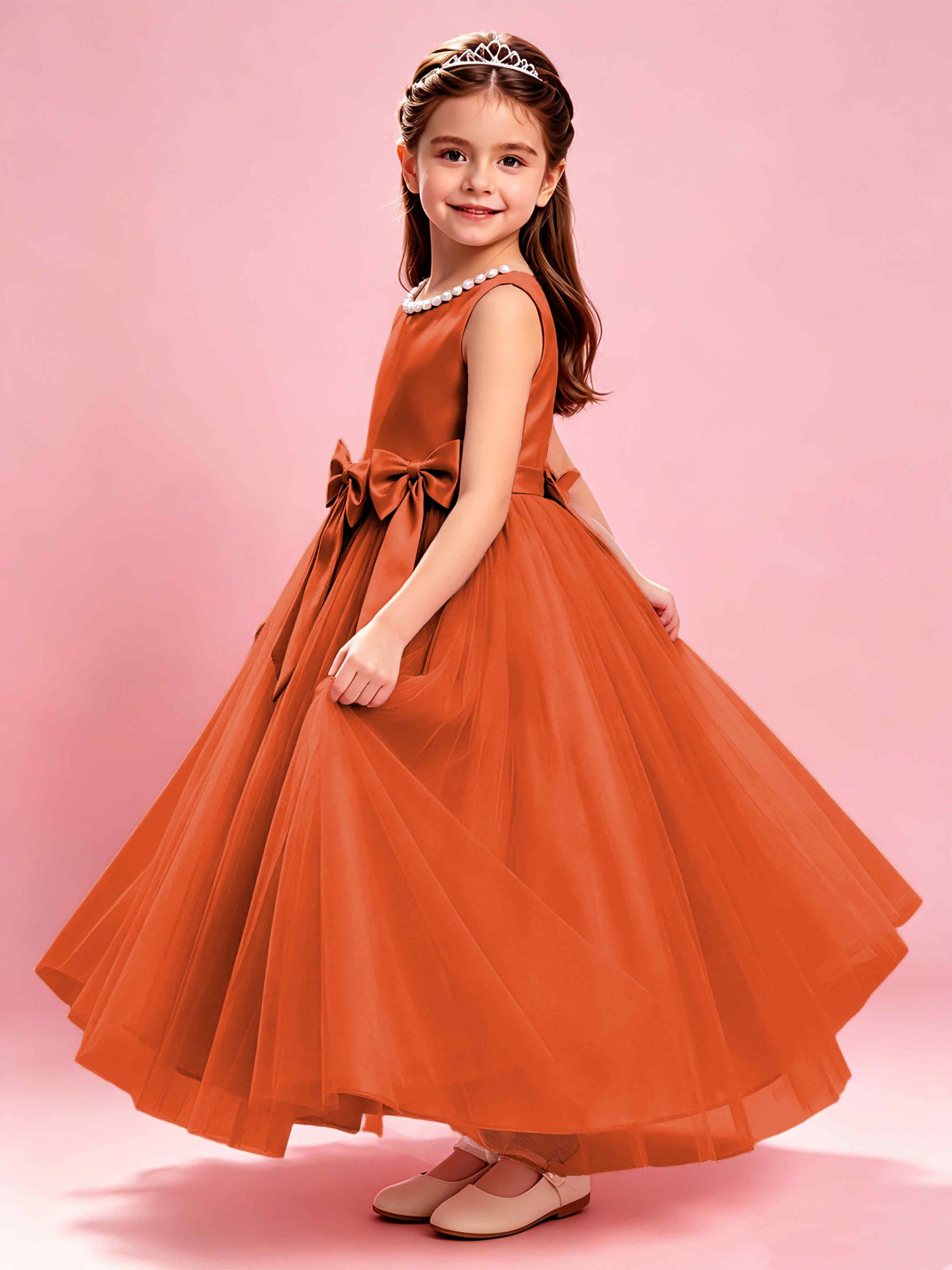 Satin Tulle Flower Girl Dress with Bow Princess Girls Pageant Gowns