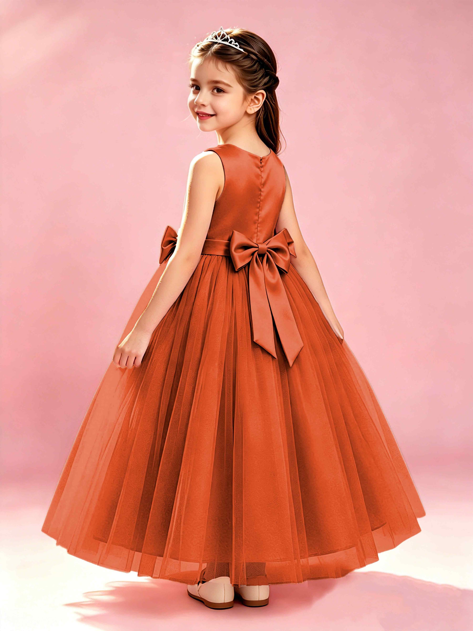 Satin Tulle Flower Girl Dress with Bow Princess Girls Pageant Gowns