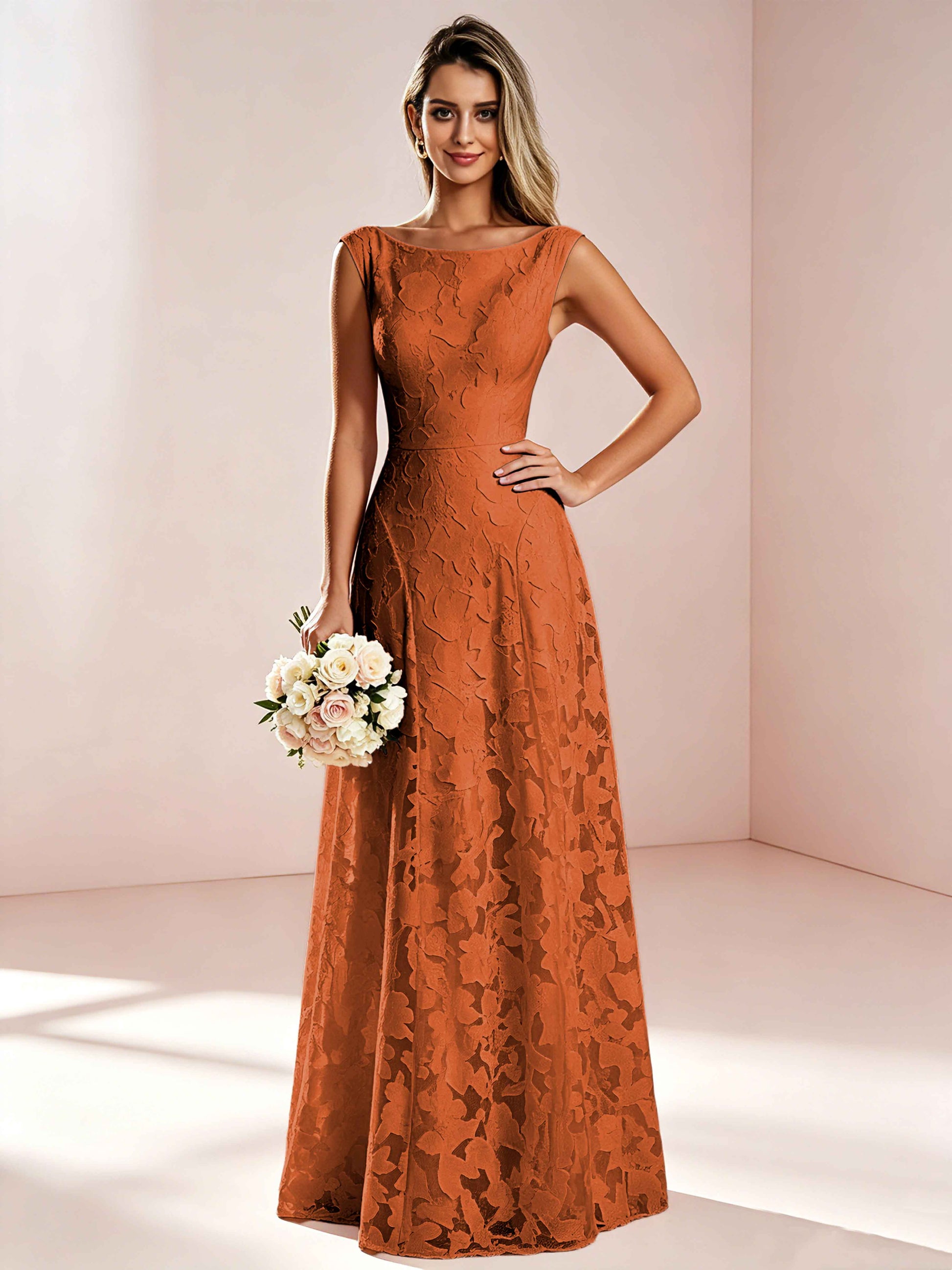 Boat Neck Jacquard Chiffon Floor Length Bridesmaid Dresses