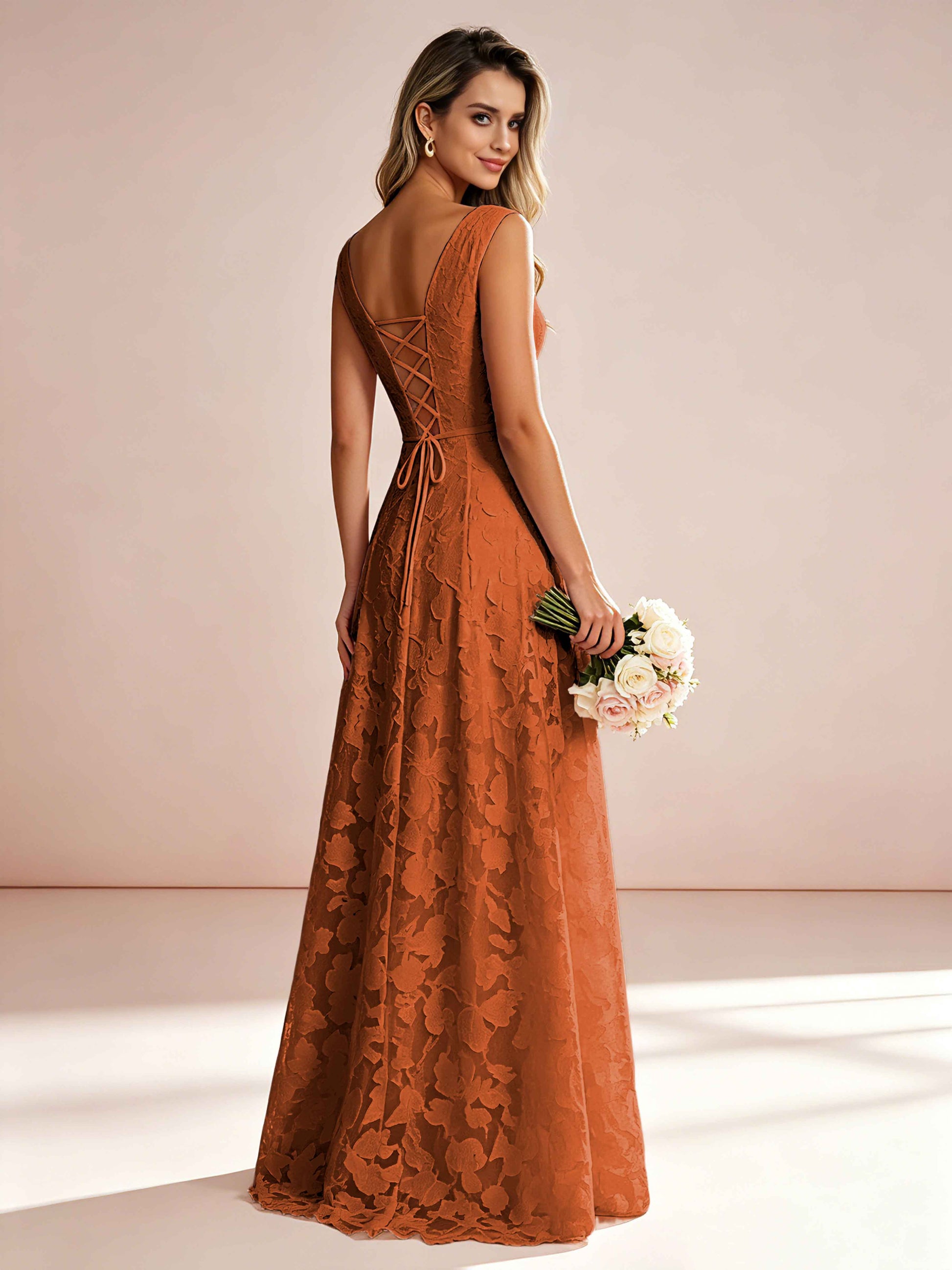 Boat Neck Jacquard Chiffon Floor Length Bridesmaid Dresses