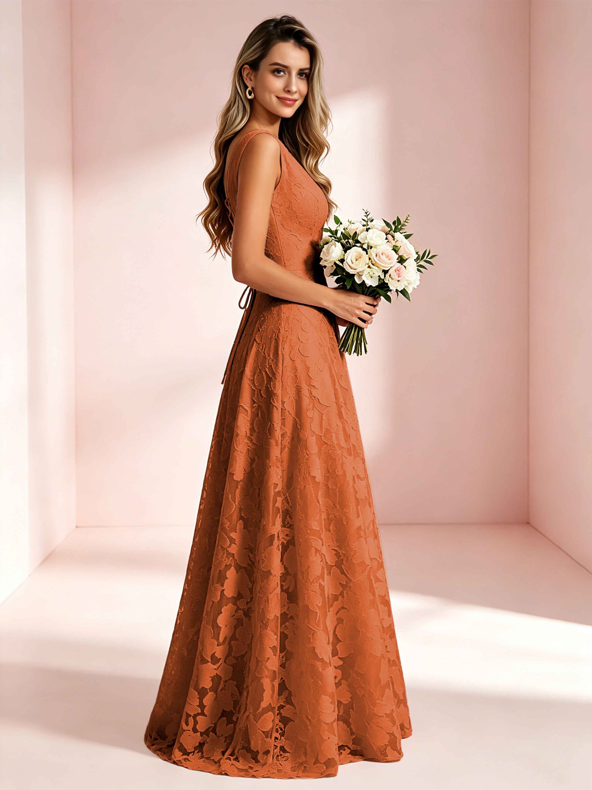 Boat Neck Jacquard Chiffon Floor Length Bridesmaid Dresses