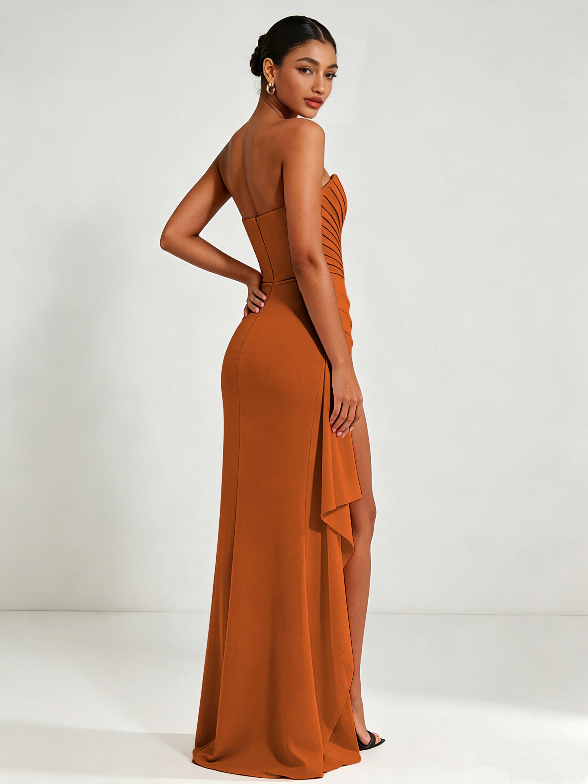 Strapless Ruched Bust Prom Dresses with Ruffle Slit