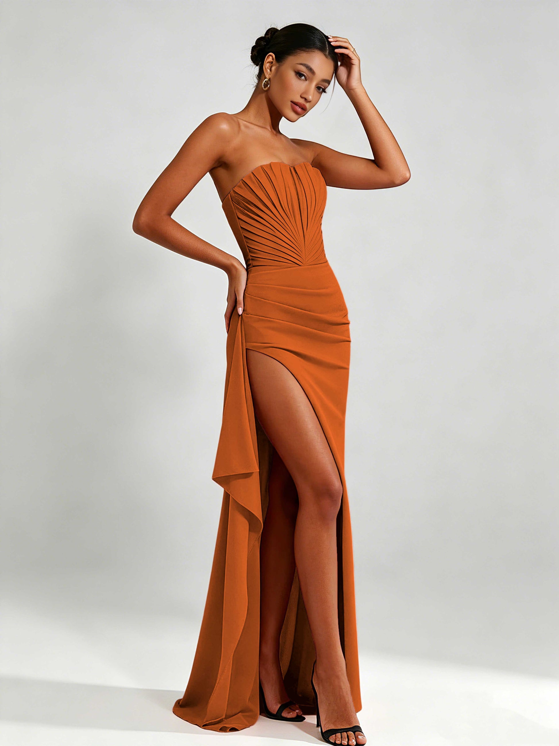 Strapless Ruched Bust Prom Dresses with Ruffle Slit