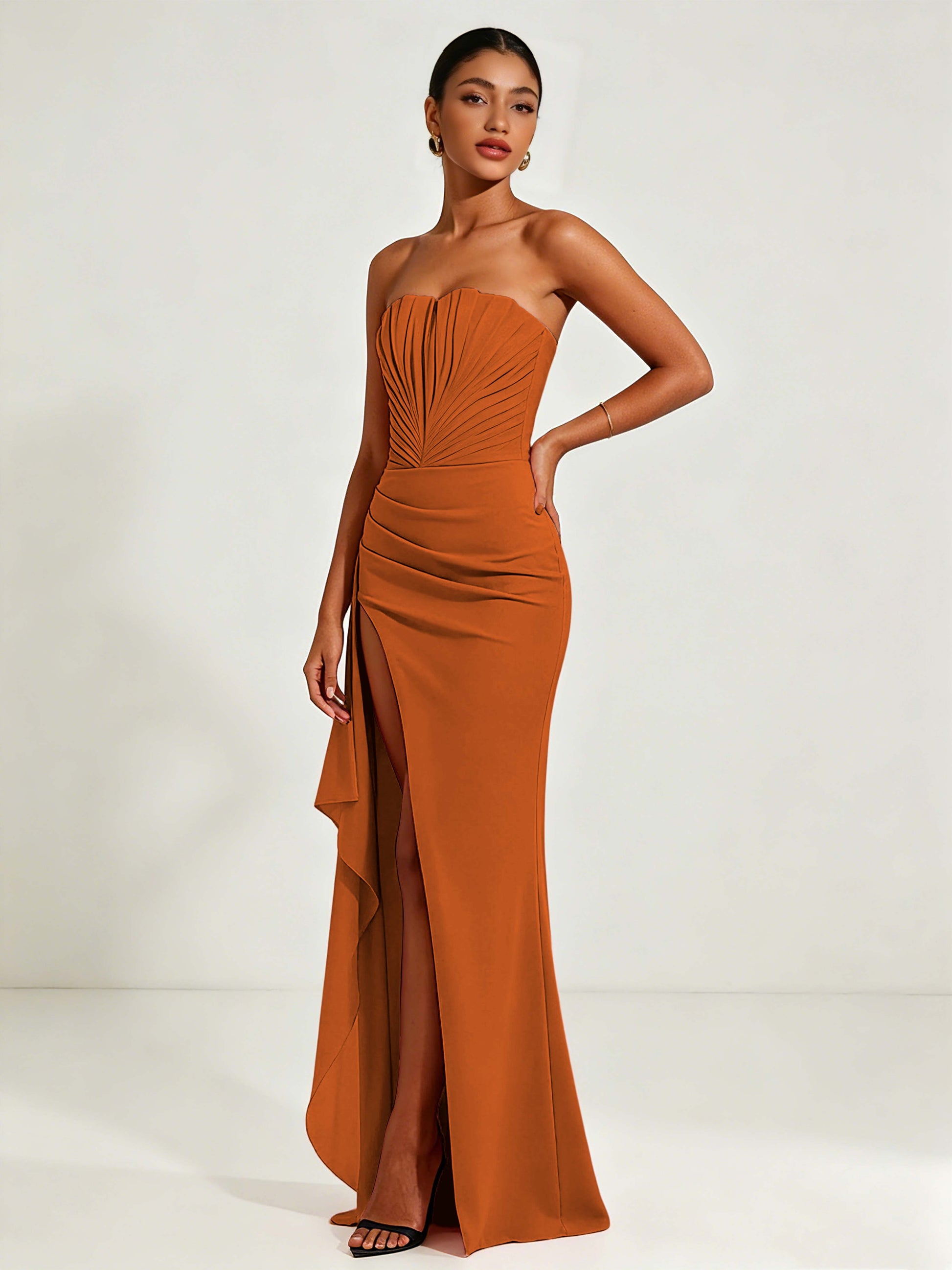 Strapless Ruched Bust Prom Dresses with Ruffle Slit