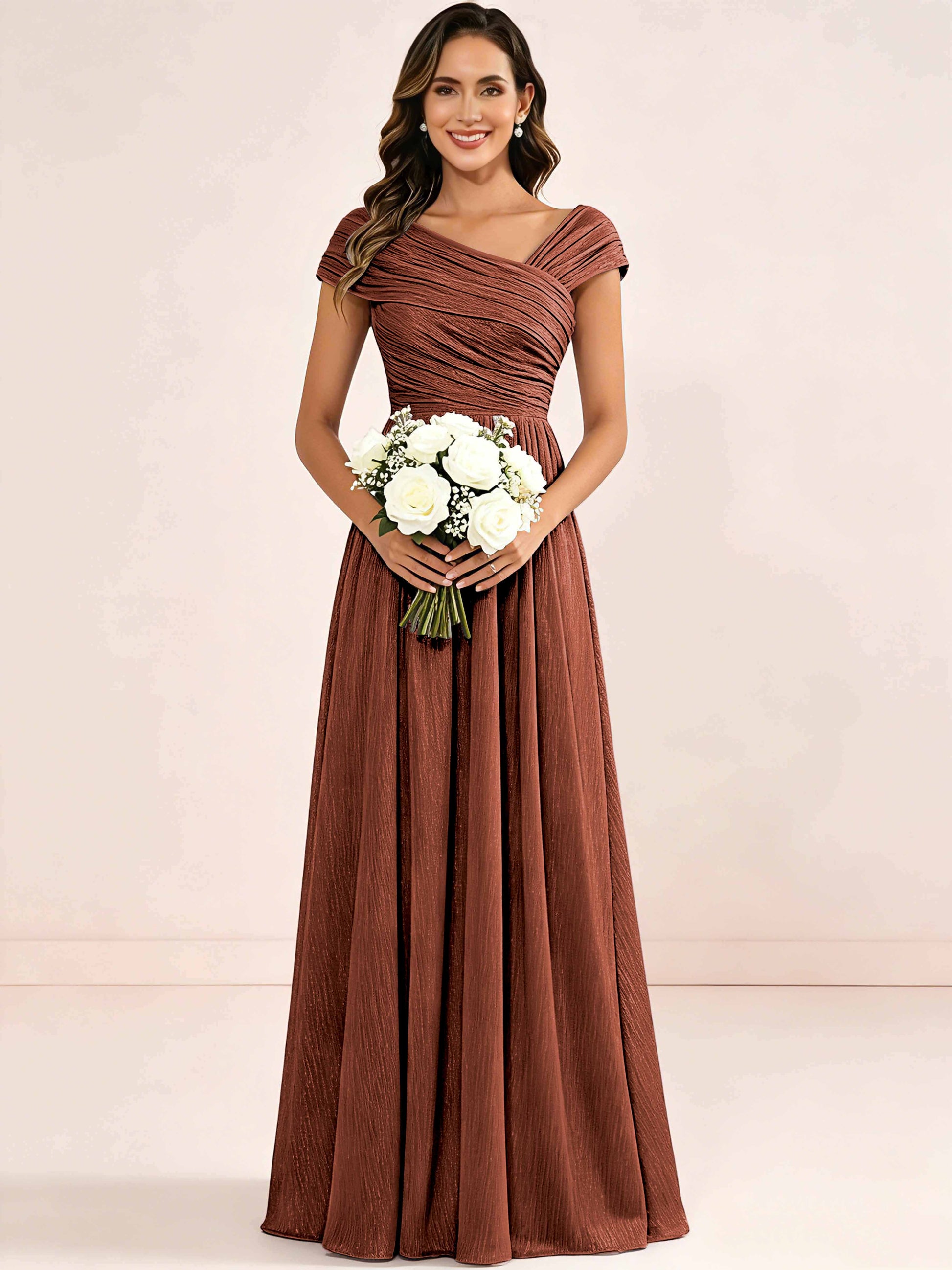 Shiny Striped Chiffon Ruched Cap Sleeve Mother of The Bride Dress
