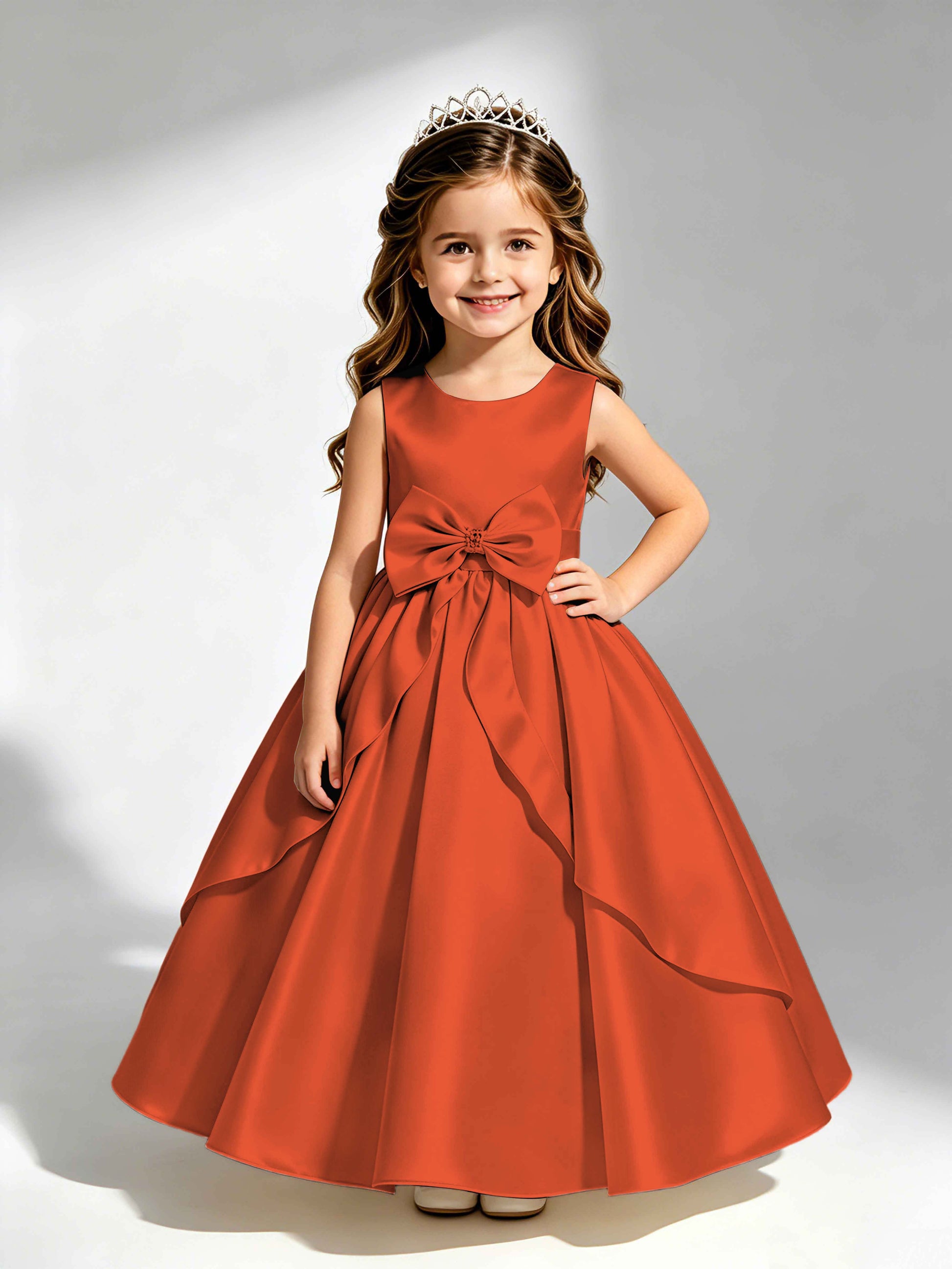 Satin Flower Girl Dress with Bow Princess Girls Pageant Gowns