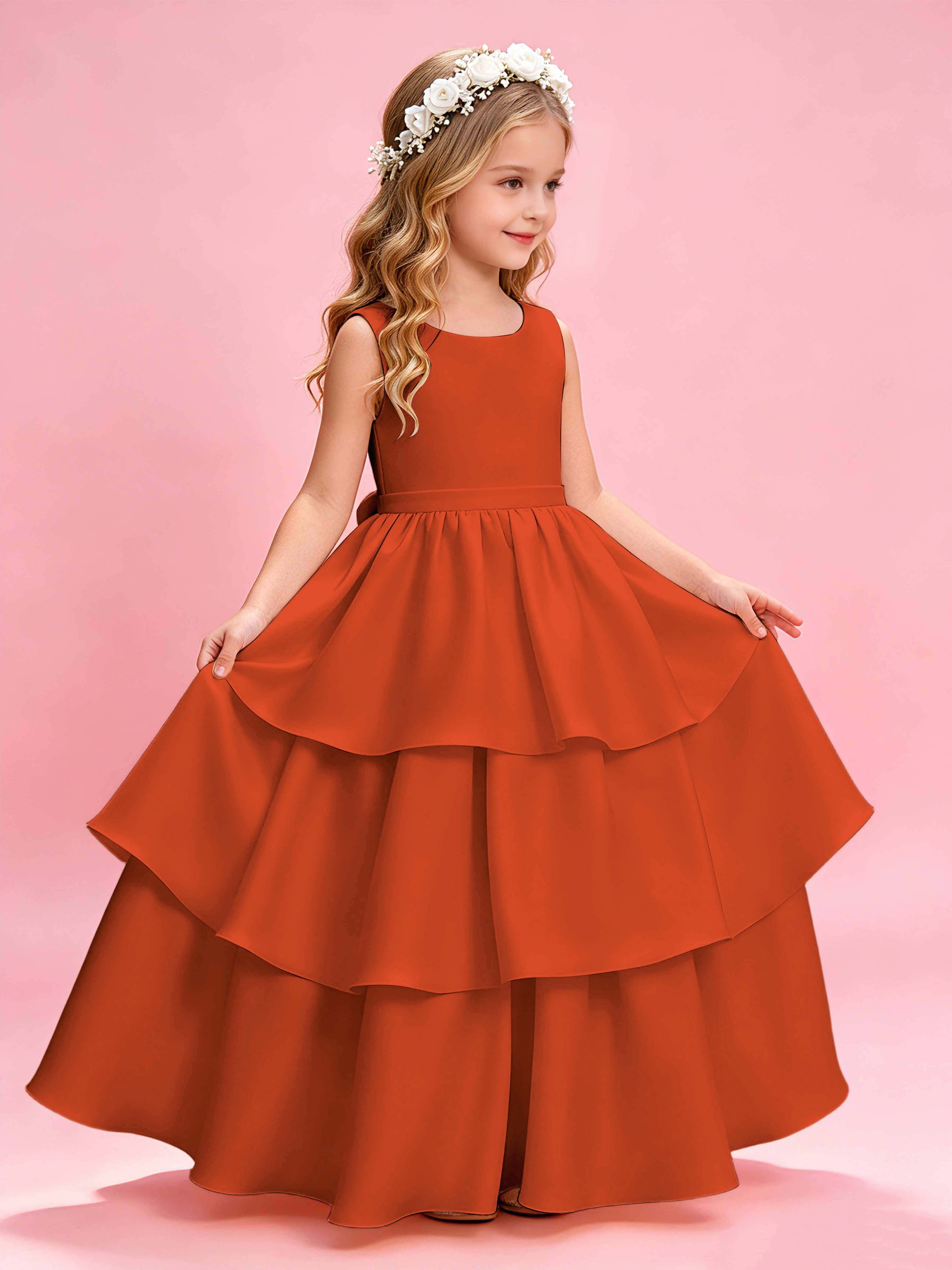 Tiered Flower Girl Dress with Bow Princess Girls Pageant Gowns