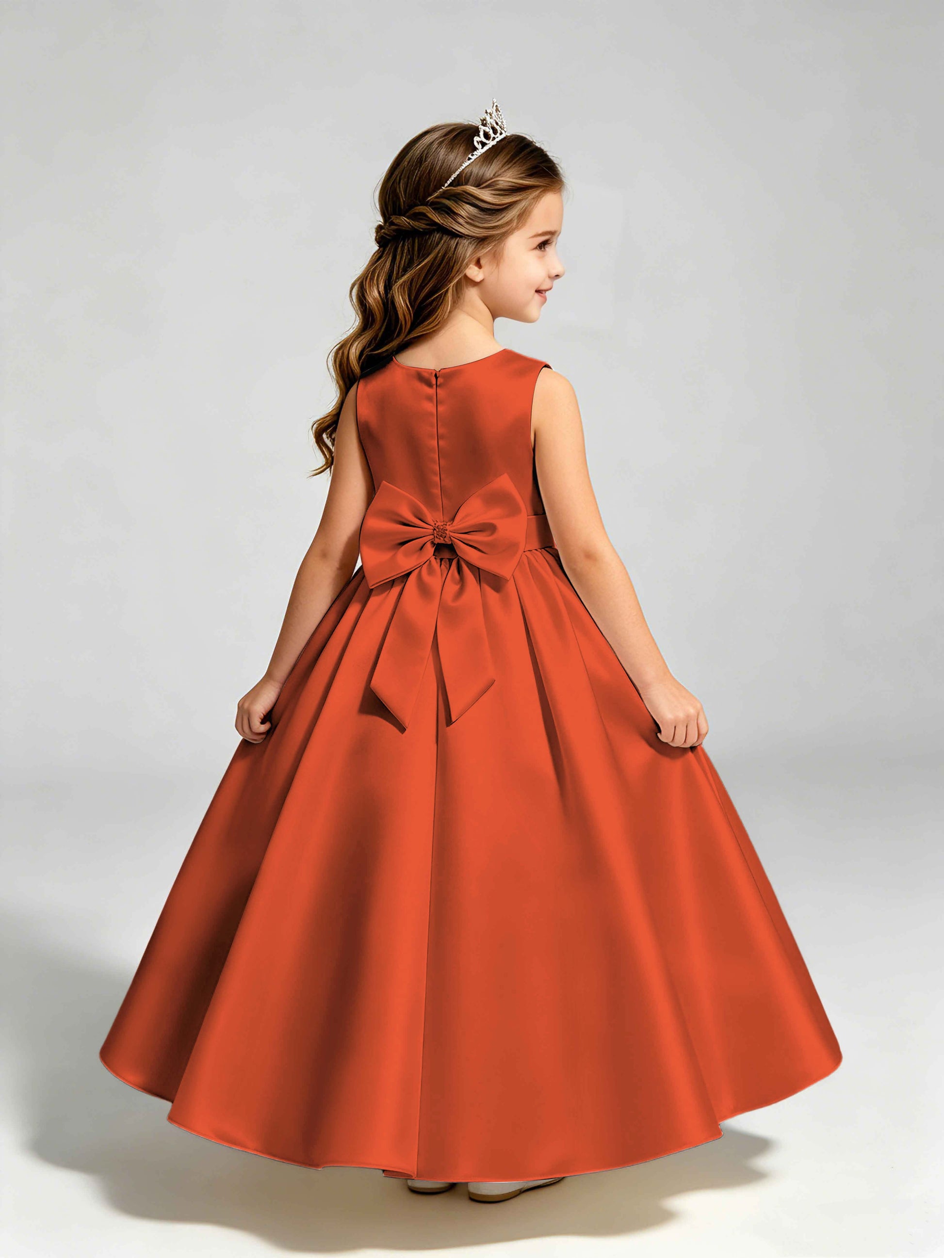 Satin Flower Girl Dress with Bow Princess Girls Pageant Gowns