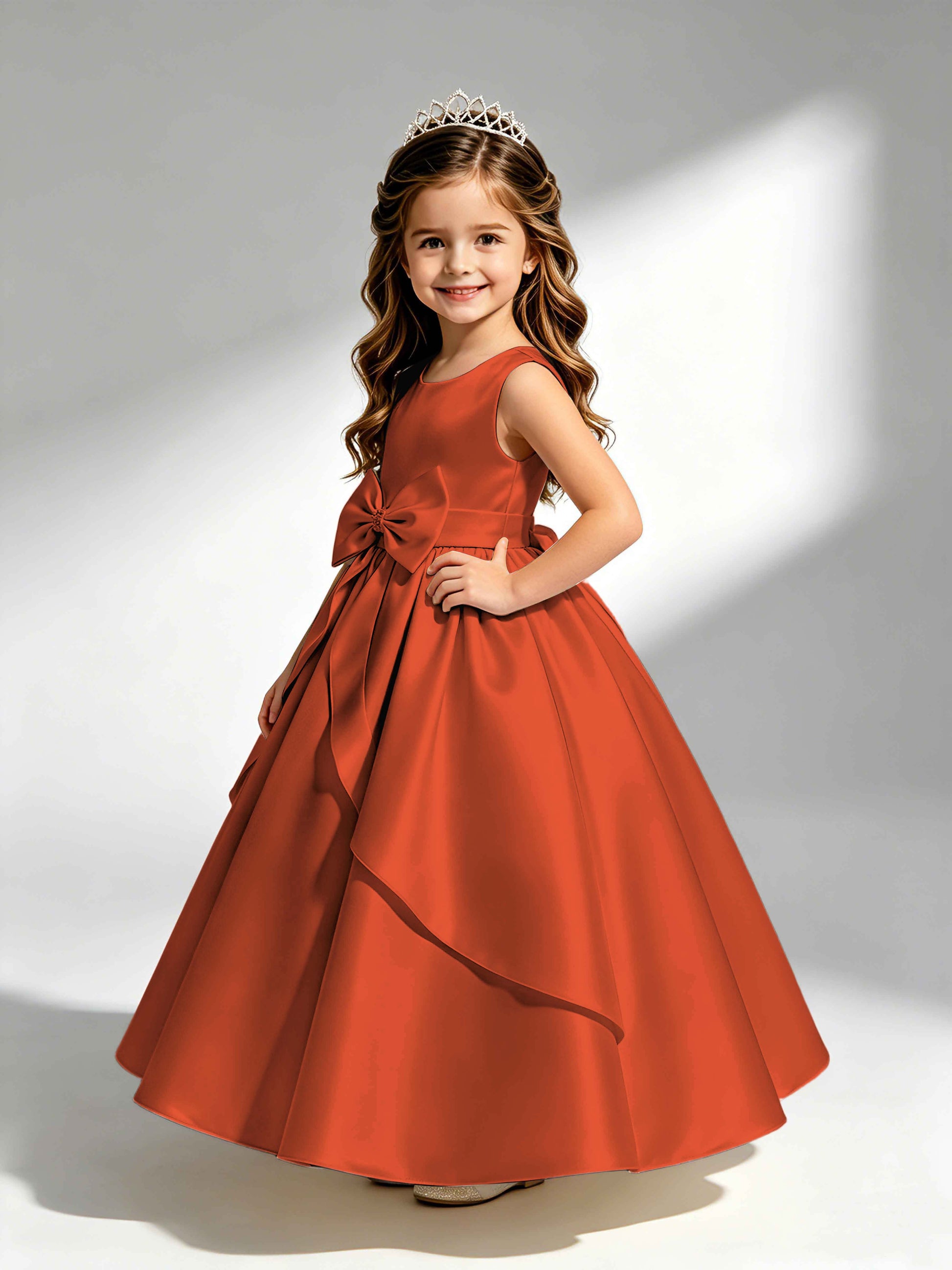 Satin Flower Girl Dress with Bow Princess Girls Pageant Gowns