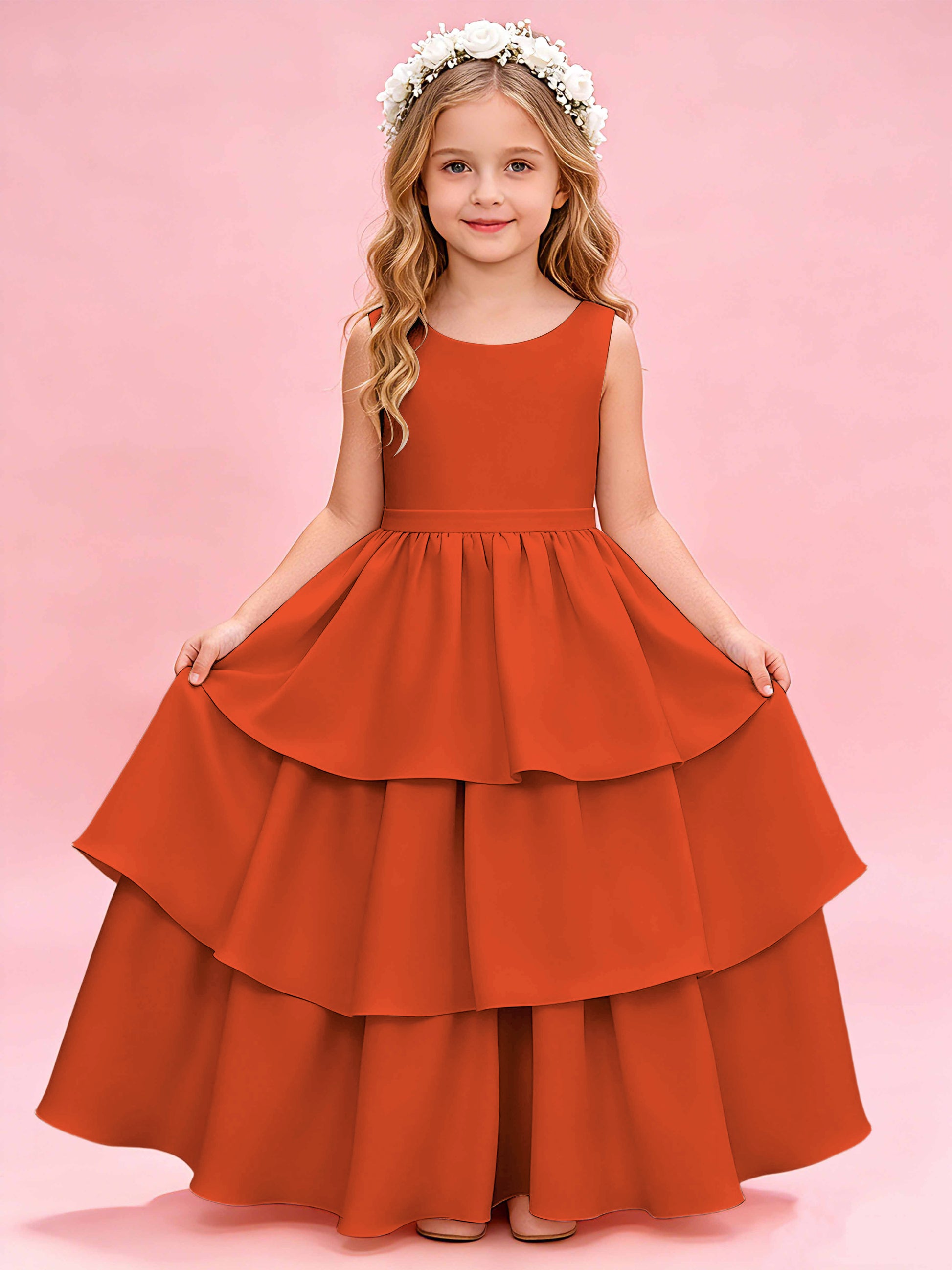 Tiered Flower Girl Dress with Bow Princess Girls Pageant Gowns