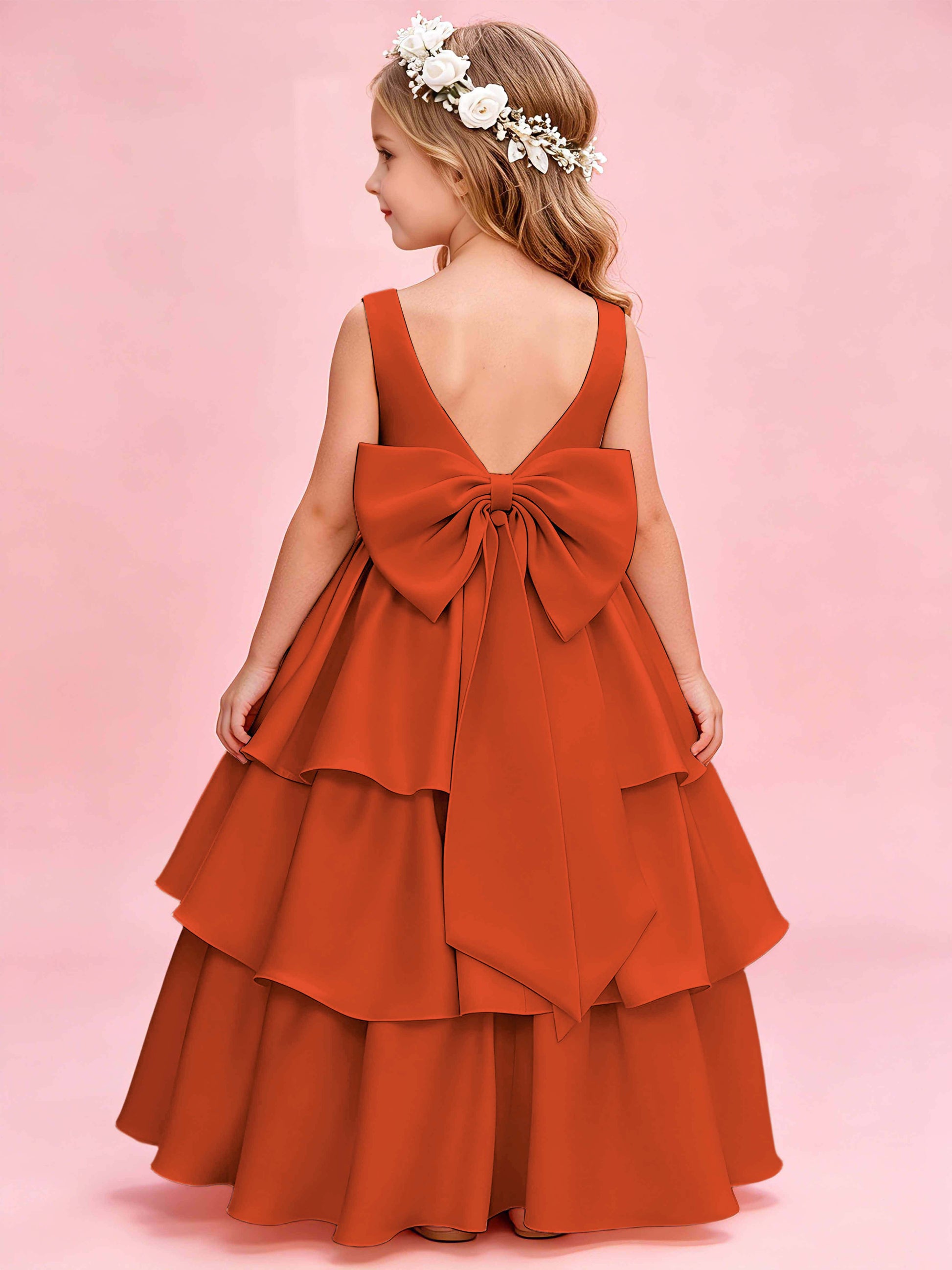 Tiered Flower Girl Dress with Bow Princess Girls Pageant Gowns