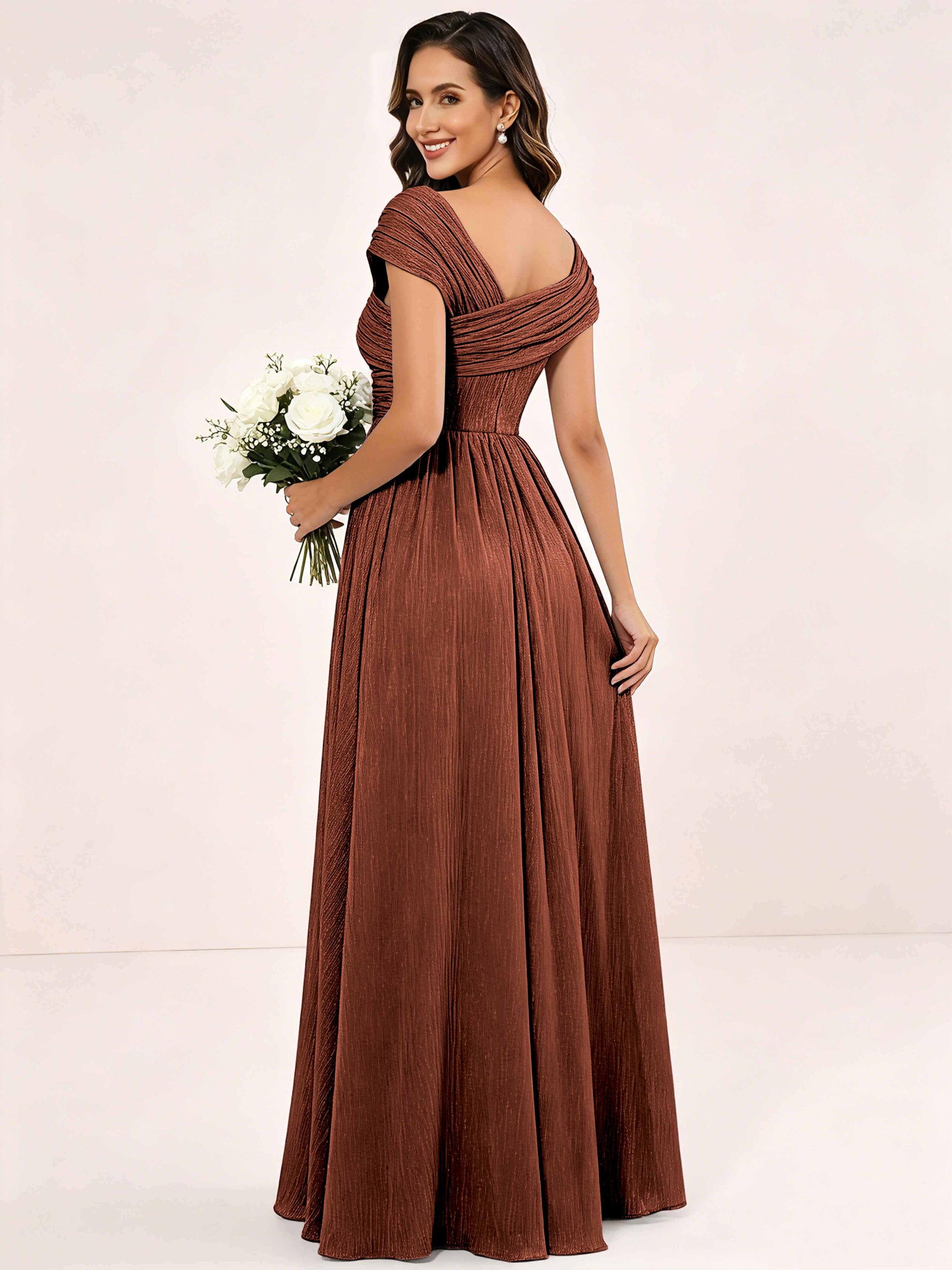 Shiny Striped Chiffon Ruched Cap Sleeve Mother of The Bride Dress