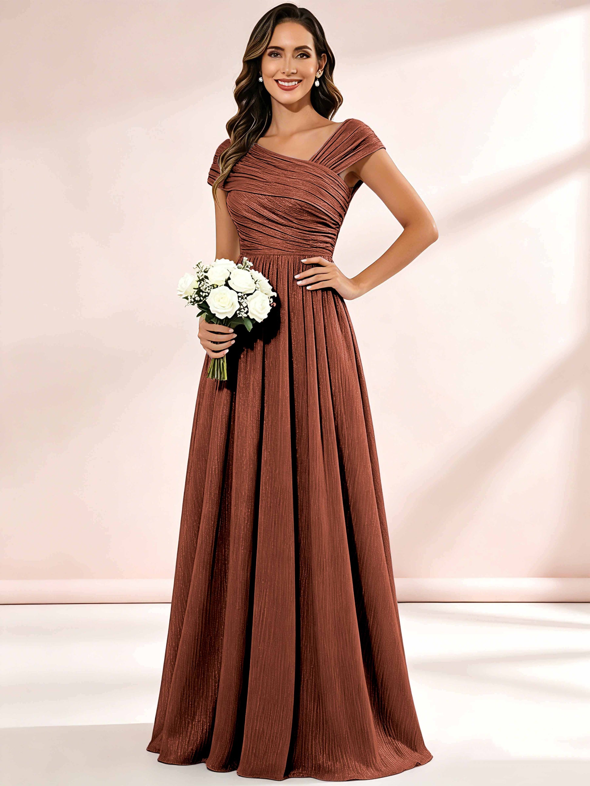 Shiny Striped Chiffon Ruched Cap Sleeve Mother of The Bride Dress
