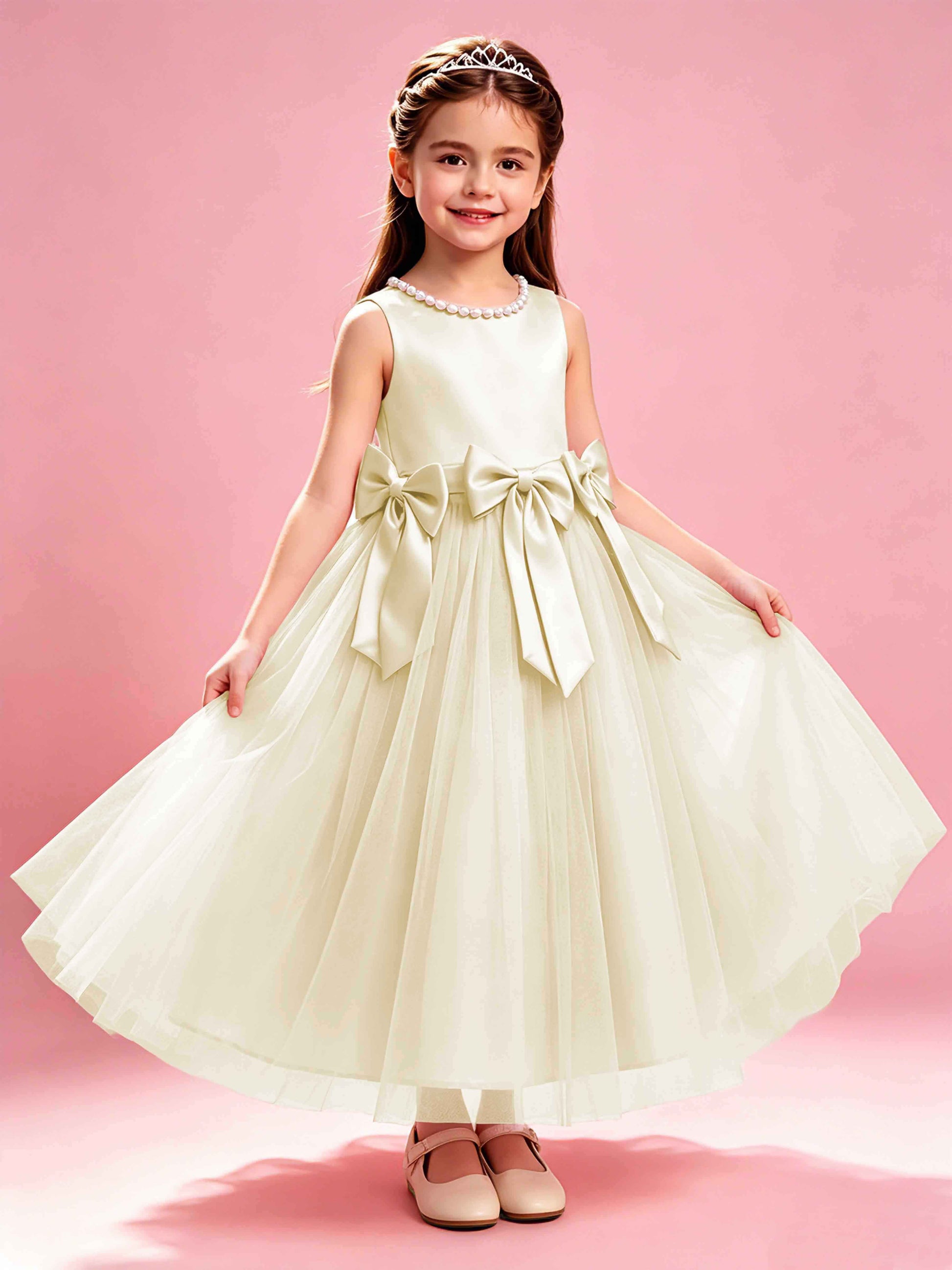 Satin Tulle Flower Girl Dress with Bow Princess Girls Pageant Gowns