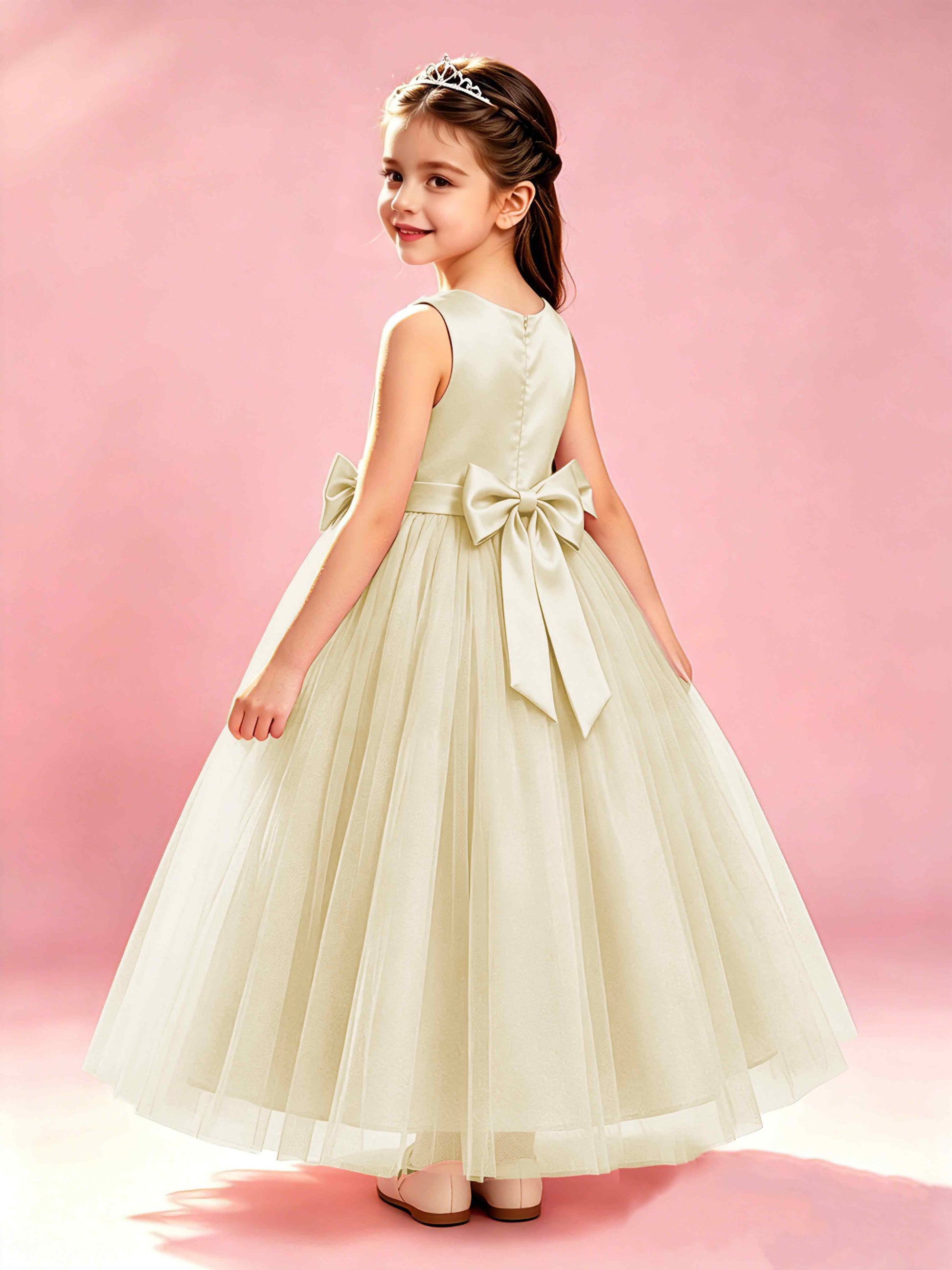 Satin Tulle Flower Girl Dress with Bow Princess Girls Pageant Gowns