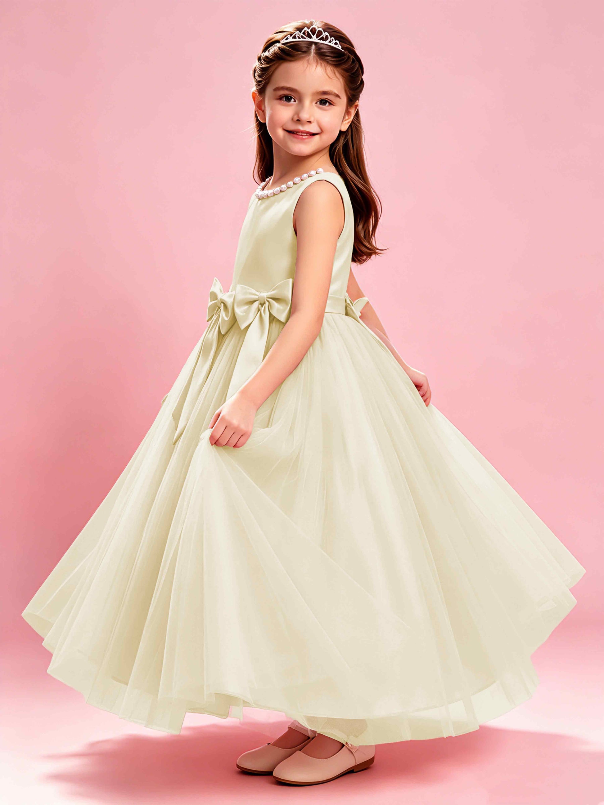 Satin Tulle Flower Girl Dress with Bow Princess Girls Pageant Gowns