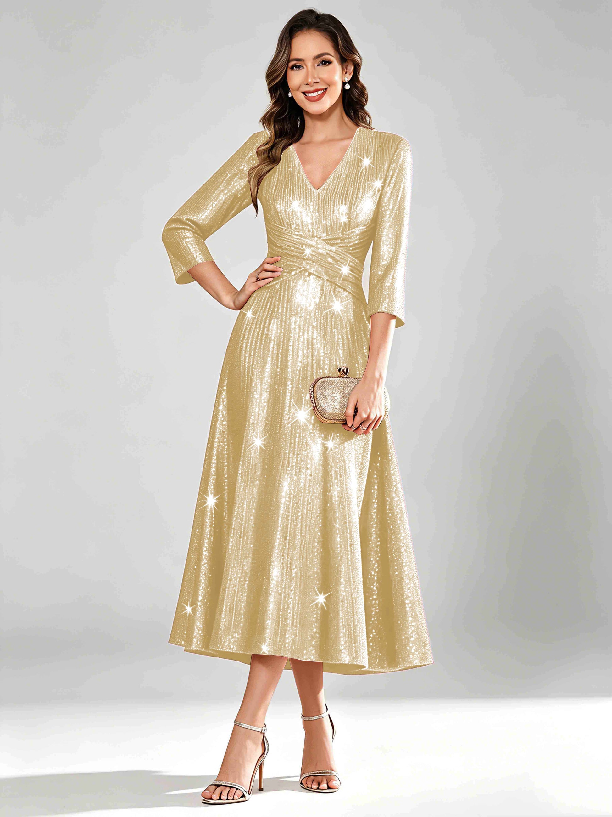 Sequin Sparkly 3/4 Sleeve Dressy Mother of The Bride Dresses
